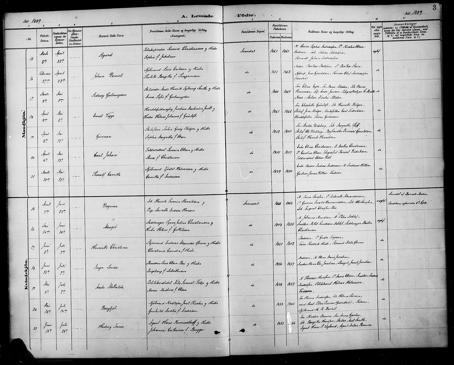 Arendal sokneprestkontor, Trefoldighet, AV/SAK-1111-0040/F/Fb/L0006: Parish register (copy) no. B 6, 1889-1916, p. 3