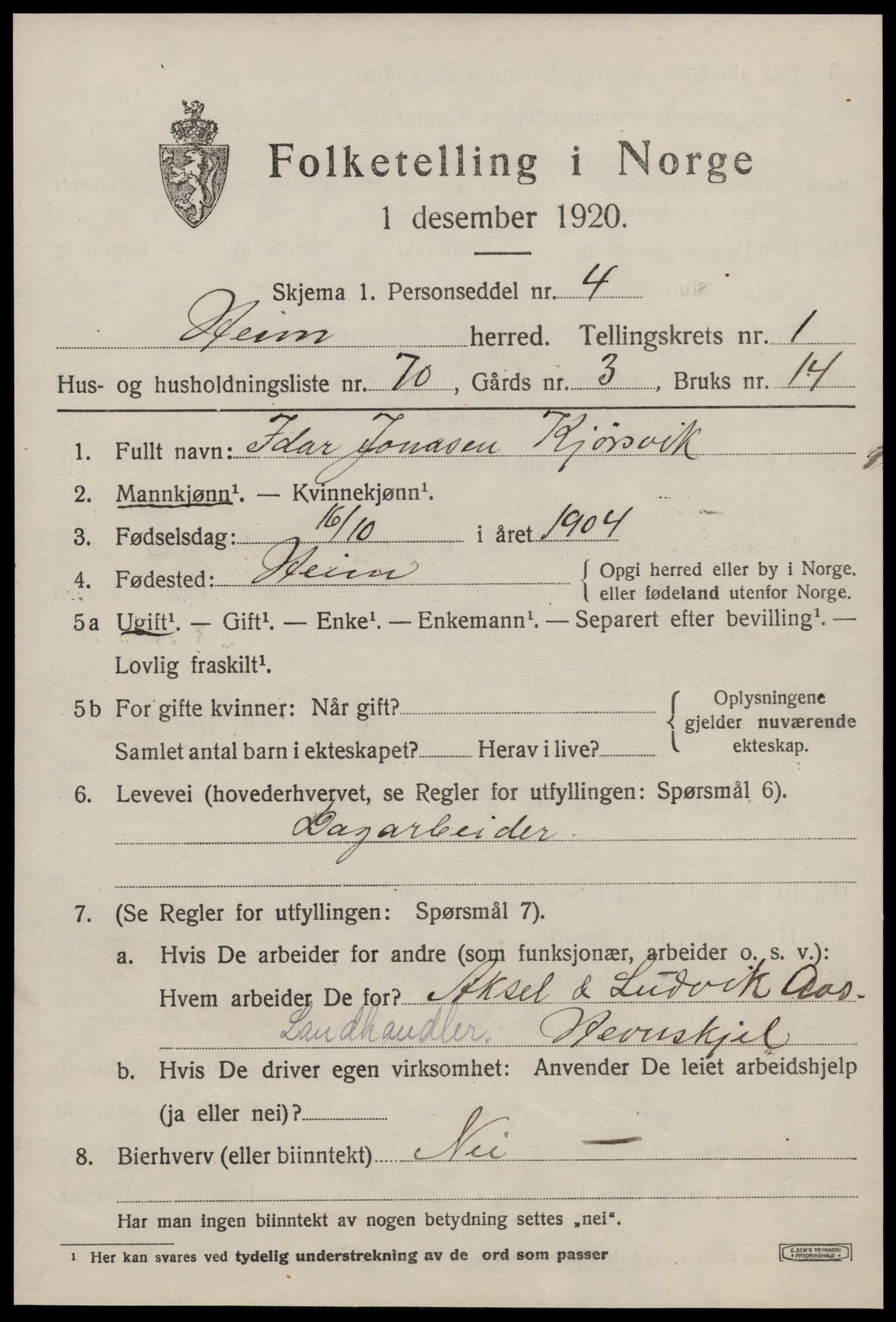 SAT, 1920 census for Heim, 1920, p. 1365