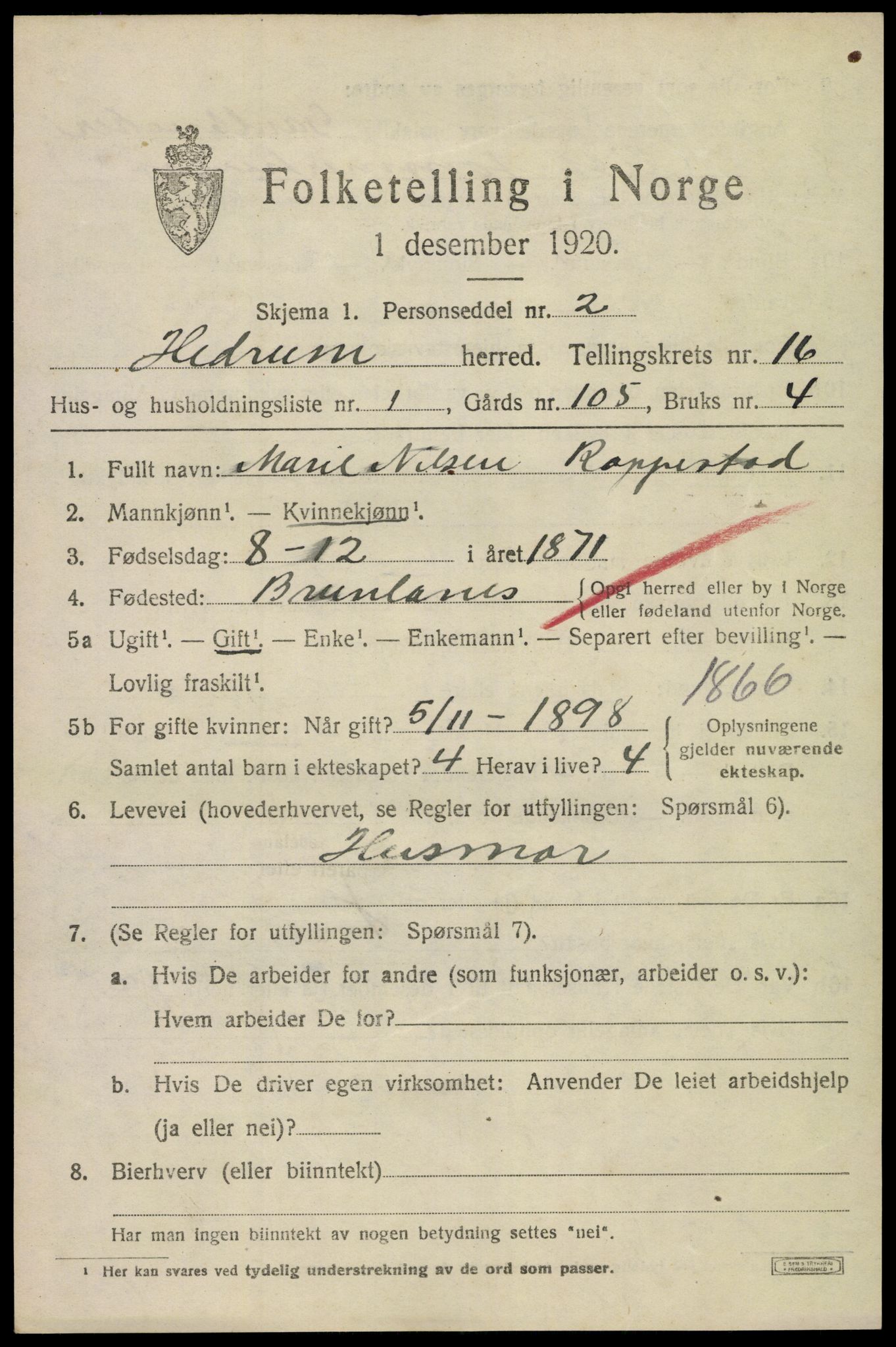 SAKO, 1920 census for Hedrum, 1920, p. 10257