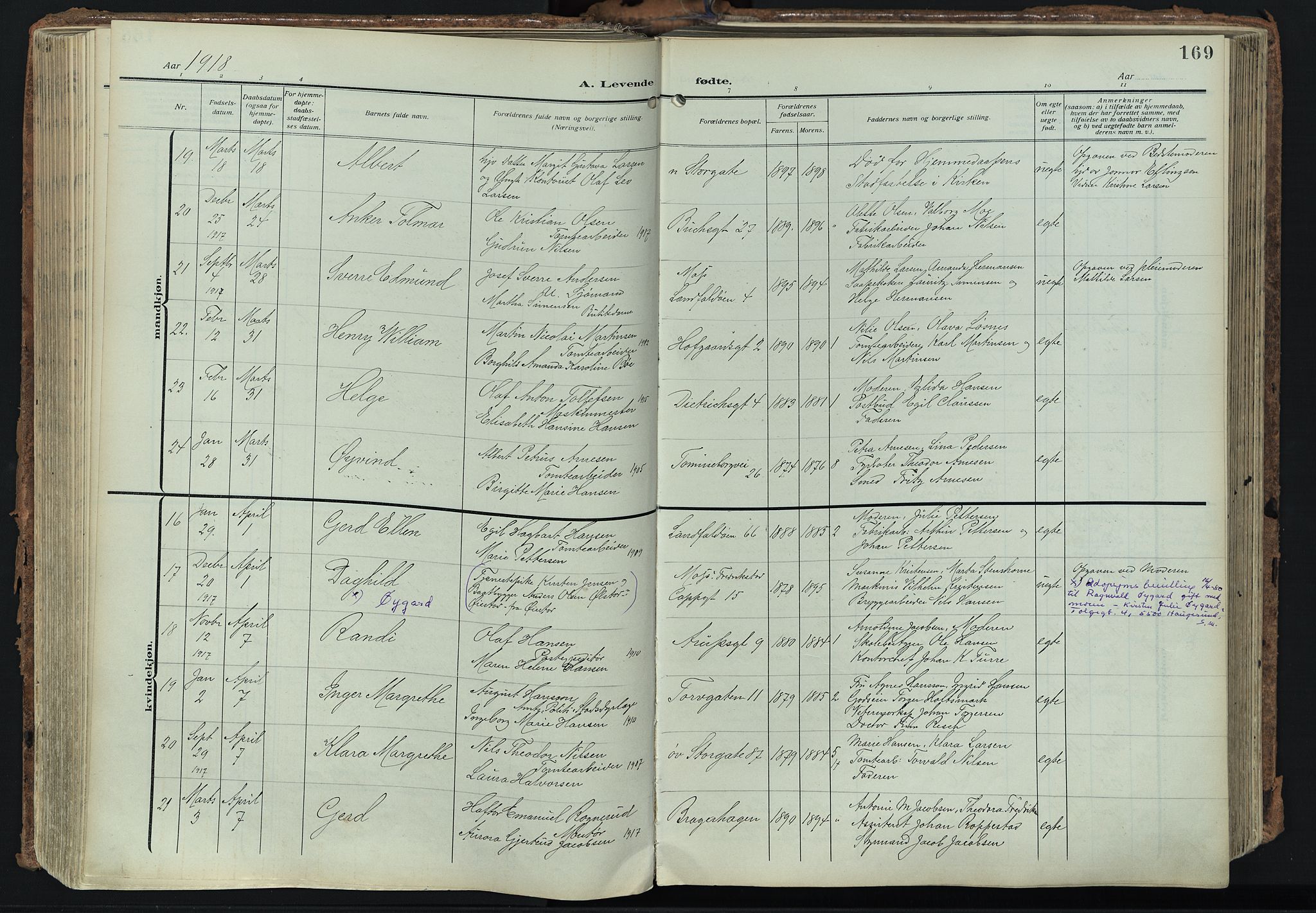 Bragernes kirkebøker, SAKO/A-6/F/Fb/L0010: Parish register (official) no. II 10, 1911-1922, p. 169