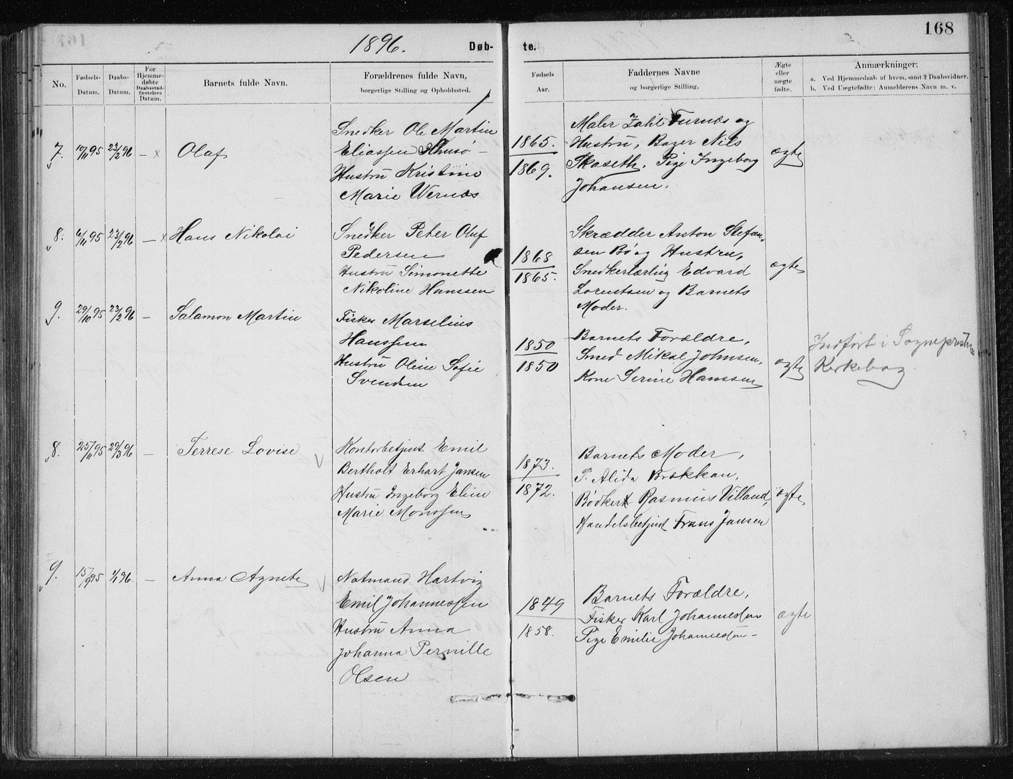 Ministerialprotokoller, klokkerbøker og fødselsregistre - Nordland, AV/SAT-A-1459/801/L0032: Parish register (copy) no. 801C07, 1889-1897, p. 168