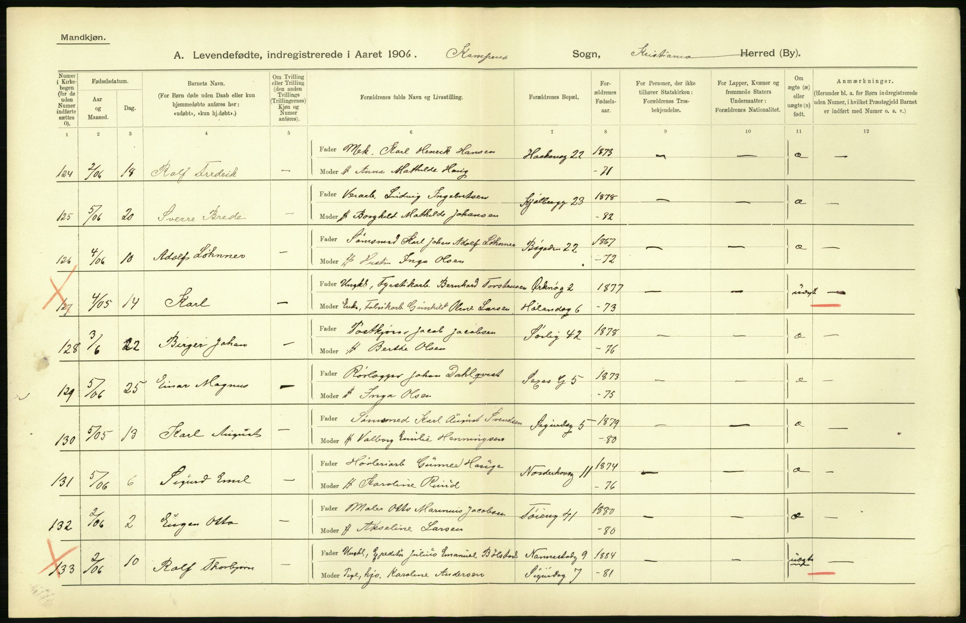 Statistisk sentralbyrå, Sosiodemografiske emner, Befolkning, AV/RA-S-2228/D/Df/Dfa/Dfad/L0007: Kristiania: Levendefødte menn og kvinner., 1906, p. 720