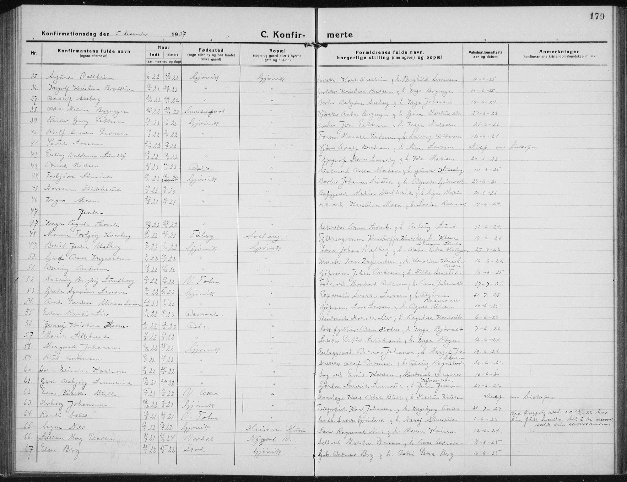 Vardal prestekontor, SAH/PREST-100/H/Ha/Hab/L0017: Parish register (copy) no. 17, 1922-1941, p. 179