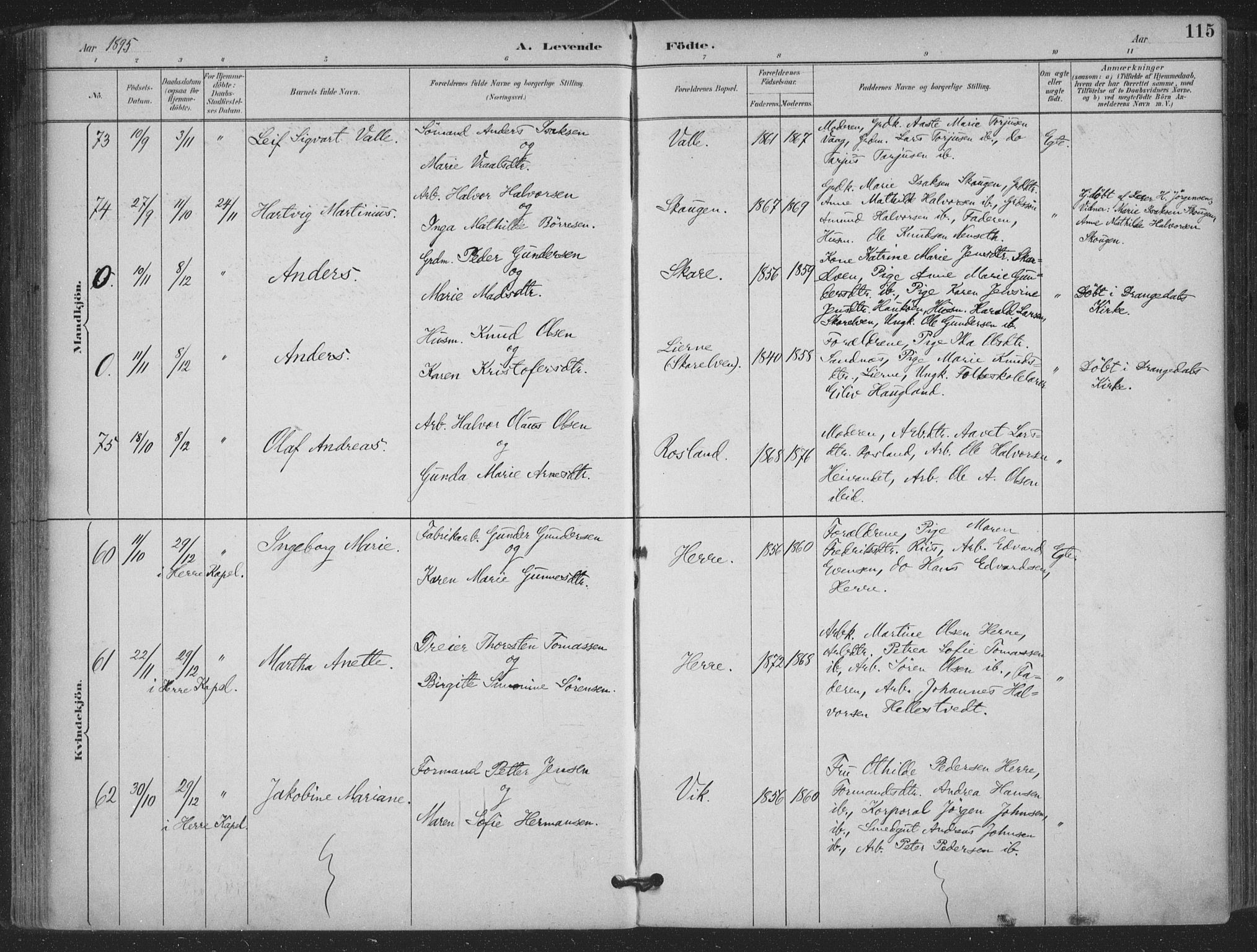 Bamble kirkebøker, AV/SAKO-A-253/F/Fa/L0008: Parish register (official) no. I 8, 1888-1900, p. 115