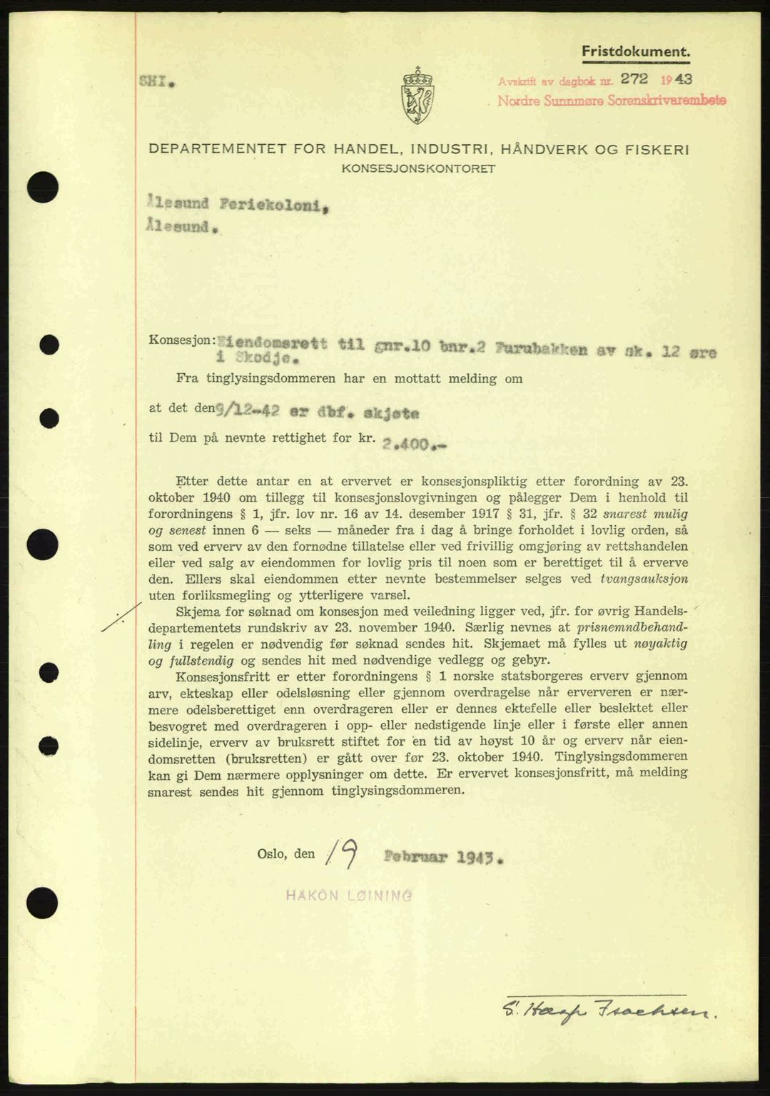 Nordre Sunnmøre sorenskriveri, SAT/A-0006/1/2/2C/2Ca: Mortgage book no. B6-14 a, 1942-1945, Diary no: : 272/1943
