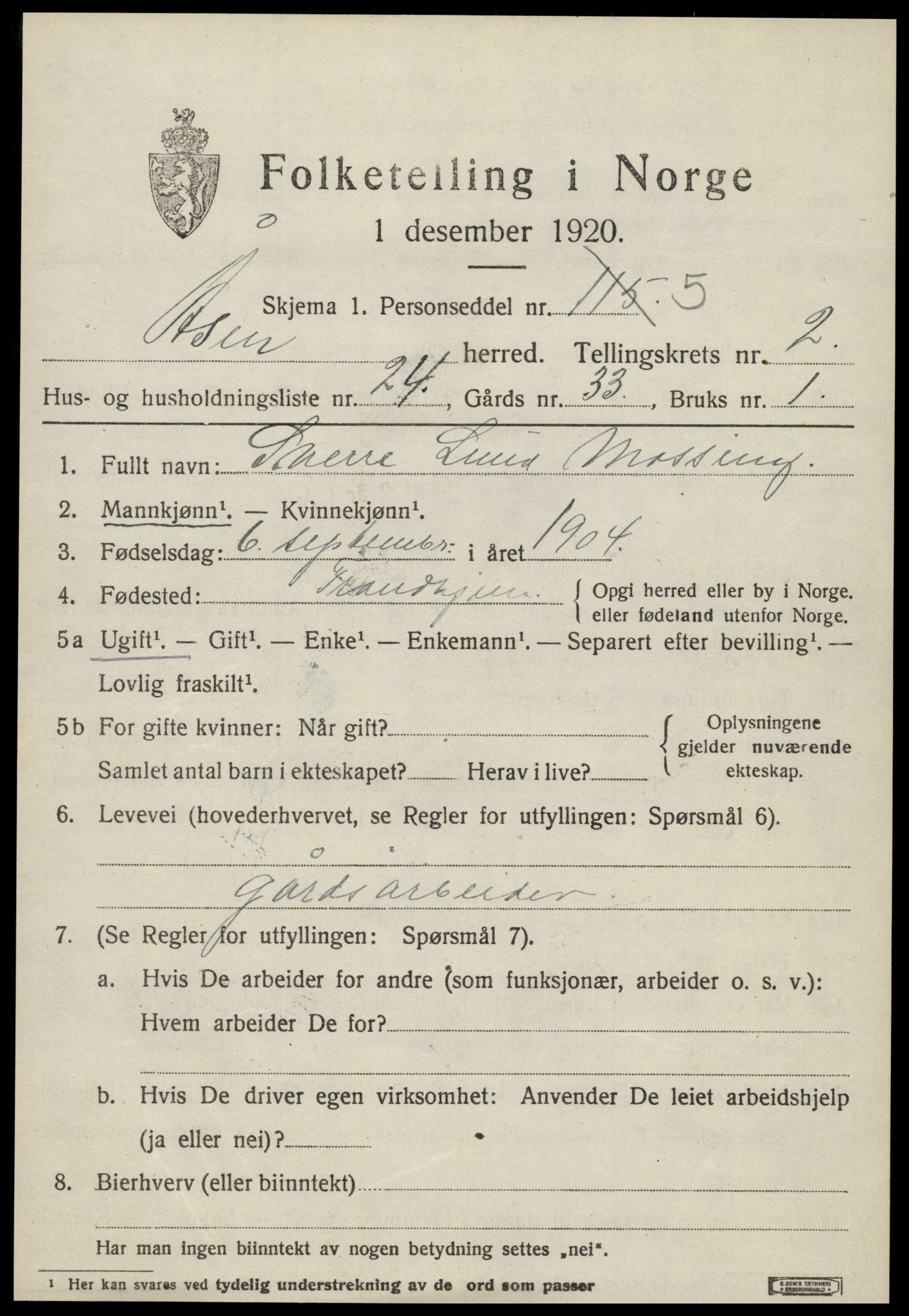 SAT, 1920 census for Åsen, 1920, p. 1936