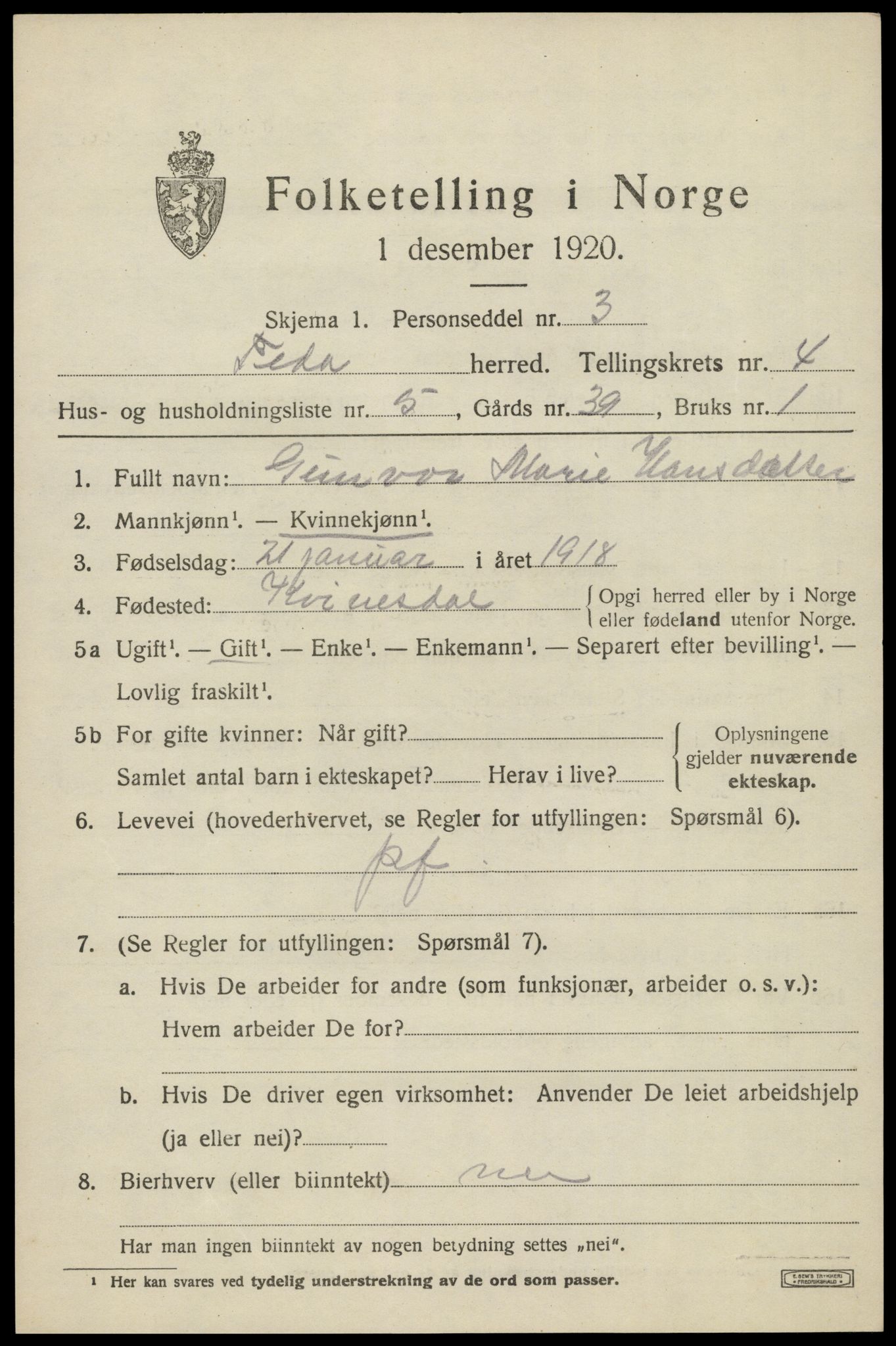 SAK, 1920 census for Feda, 1920, p. 1867