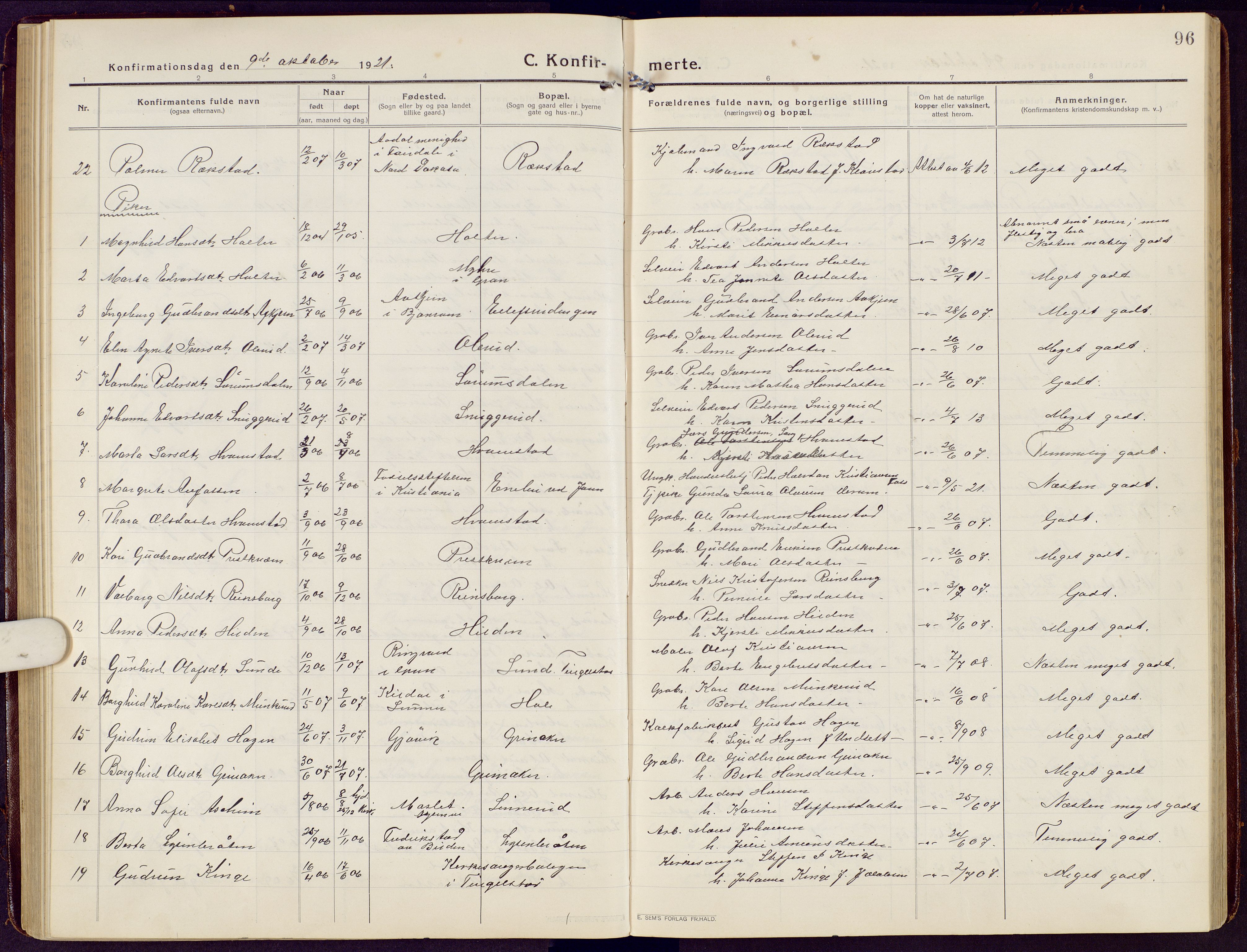 Brandbu prestekontor, SAH/PREST-114/H/Ha/Hab/L0010: Parish register (copy) no. 10, 1916-1930, p. 96