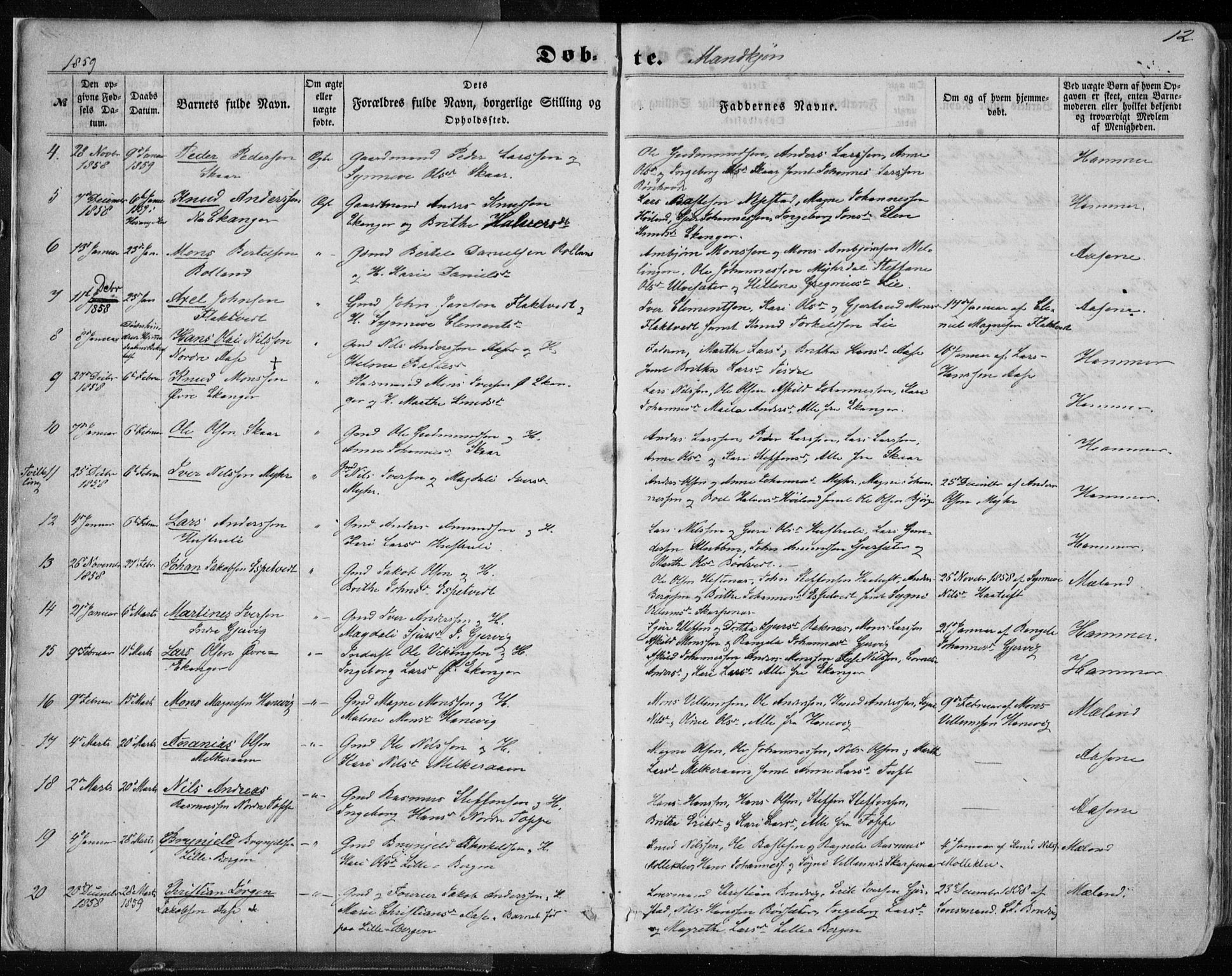 Hamre sokneprestembete, SAB/A-75501/H/Ha/Haa/Haaa/L0014: Parish register (official) no. A 14, 1858-1872, p. 12