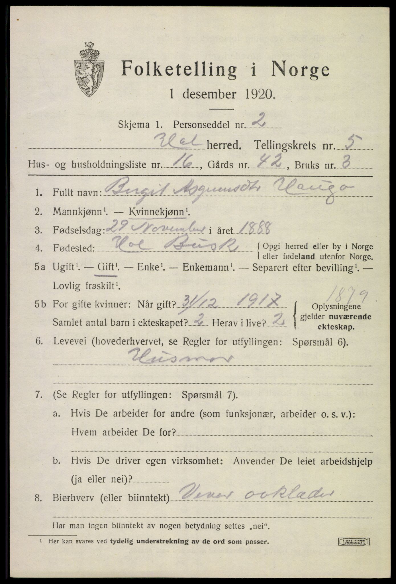 SAKO, 1920 census for Hol (Buskerud), 1920, p. 2923