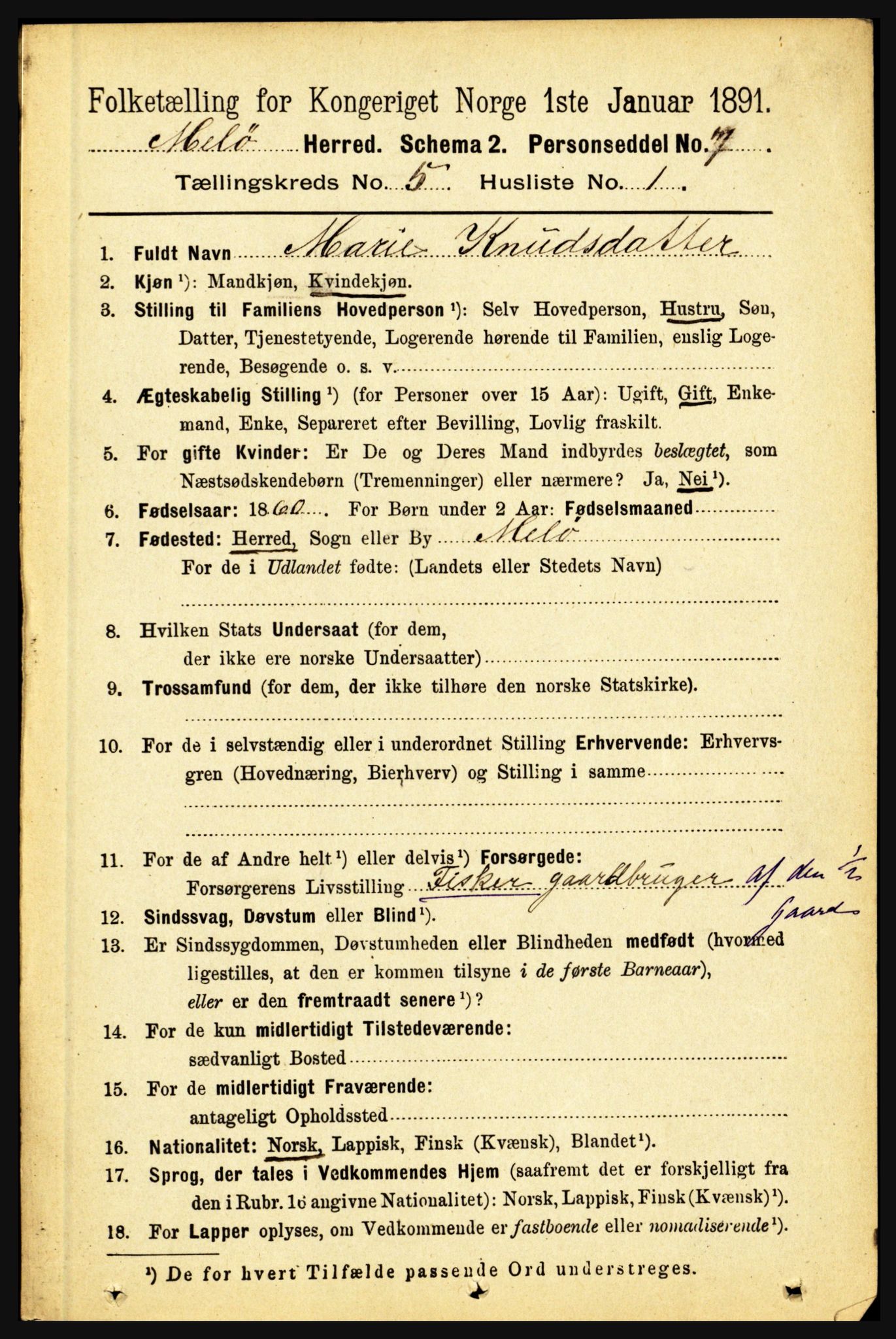 RA, 1891 census for 1837 Meløy, 1891, p. 1805