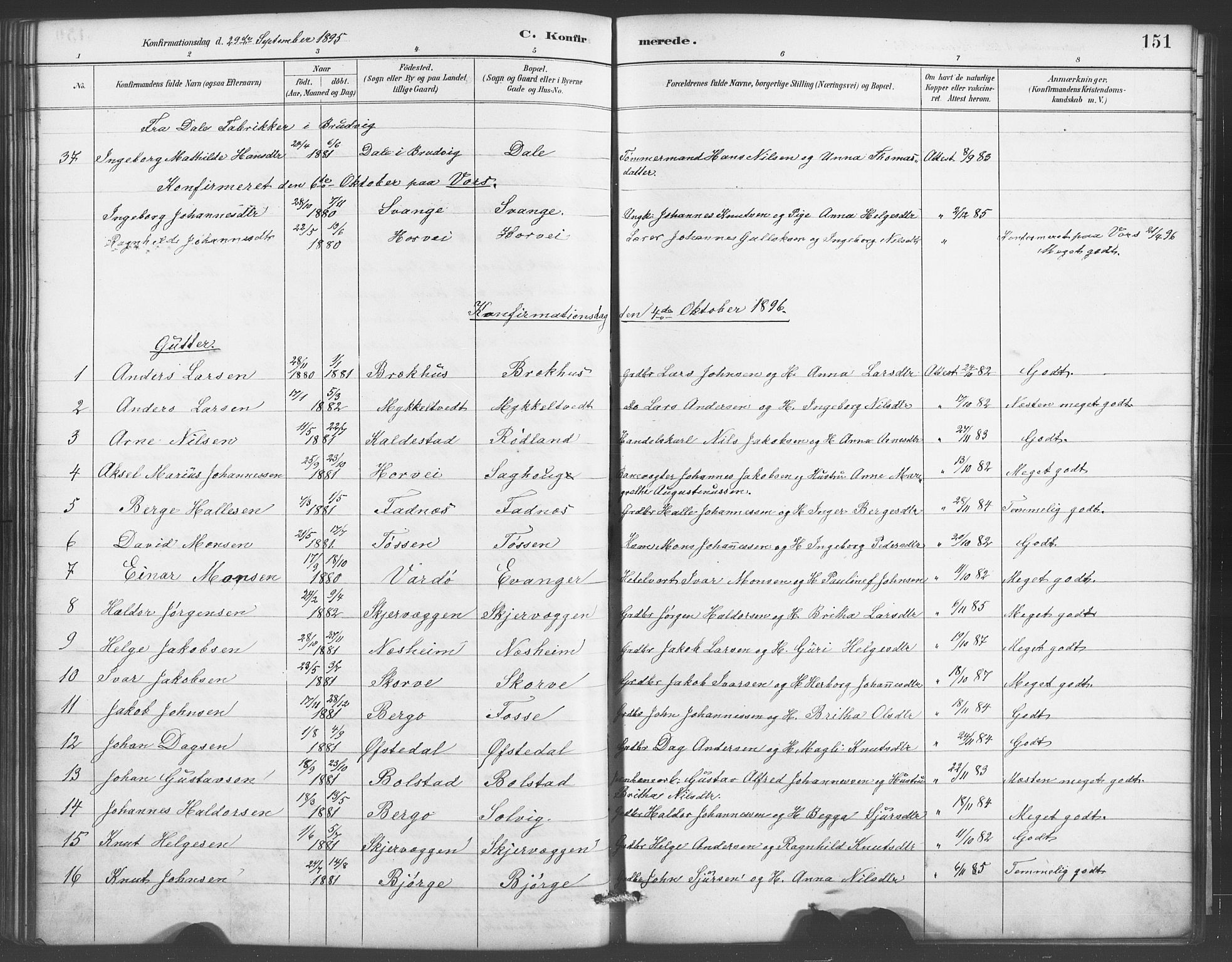 Evanger sokneprestembete, SAB/A-99924: Parish register (copy) no. A 4, 1887-1897, p. 151