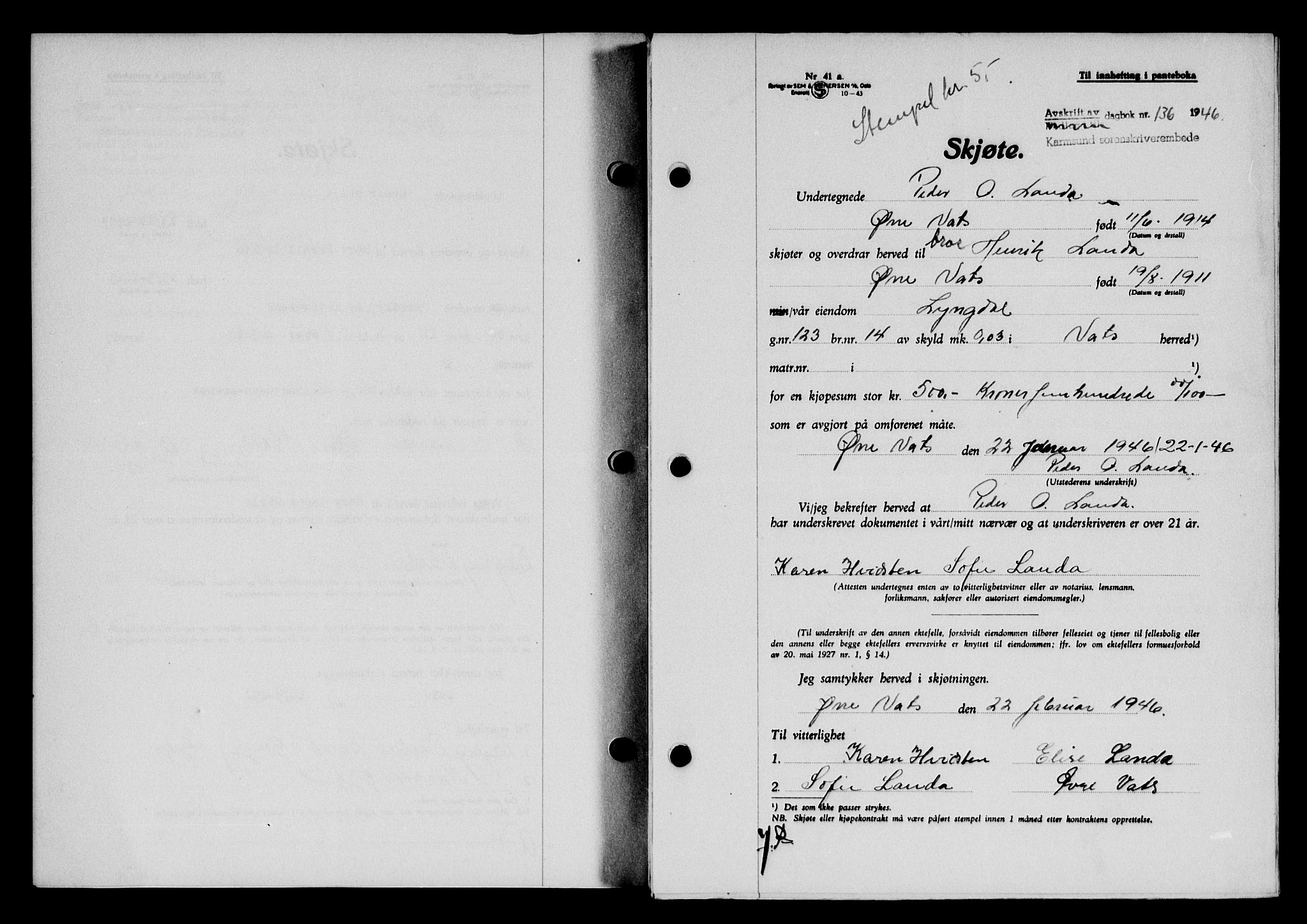 Karmsund sorenskriveri, AV/SAST-A-100311/01/II/IIB/L0085: Mortgage book no. 66A, 1946-1946, Diary no: : 136/1946
