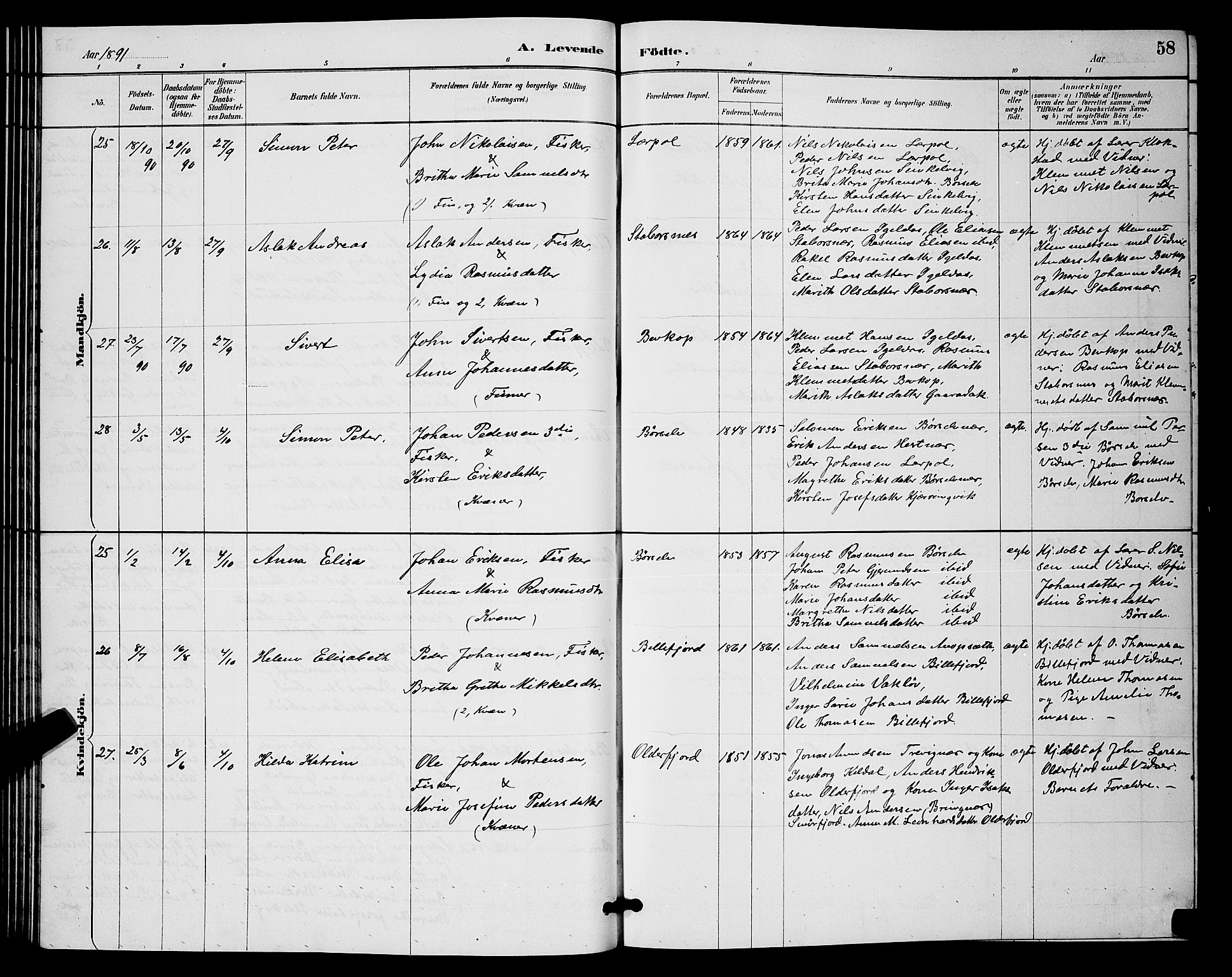 Kistrand/Porsanger sokneprestembete, AV/SATØ-S-1351/H/Hb/L0004.klokk: Parish register (copy) no. 4, 1885-1894, p. 58