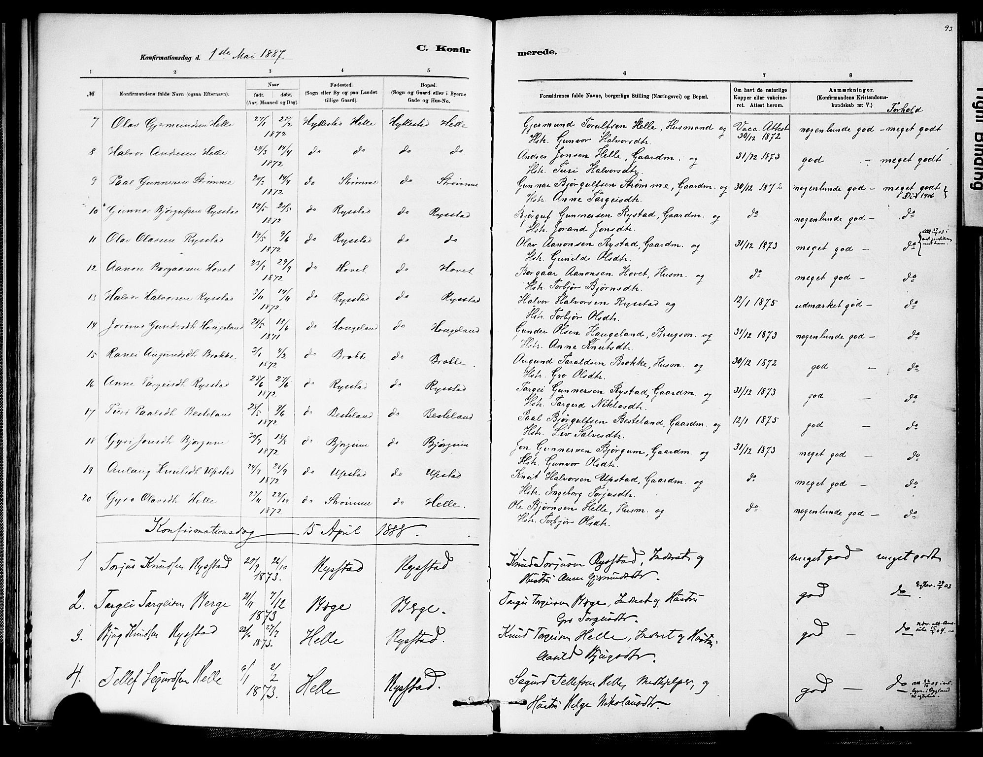 Valle sokneprestkontor, SAK/1111-0044/F/Fa/Fab/L0001: Parish register (official) no. A 1, 1882-1910, p. 93