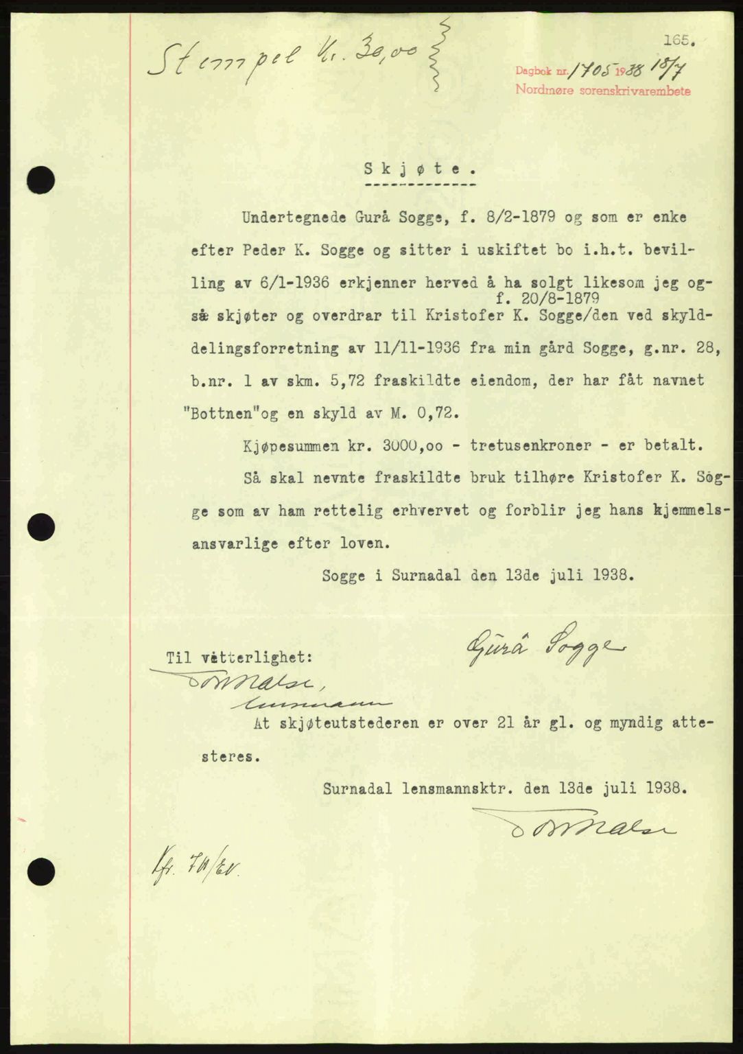 Nordmøre sorenskriveri, SAT/A-4132/1/2/2Ca: Mortgage book no. A84, 1938-1938, Diary no: : 1705/1938