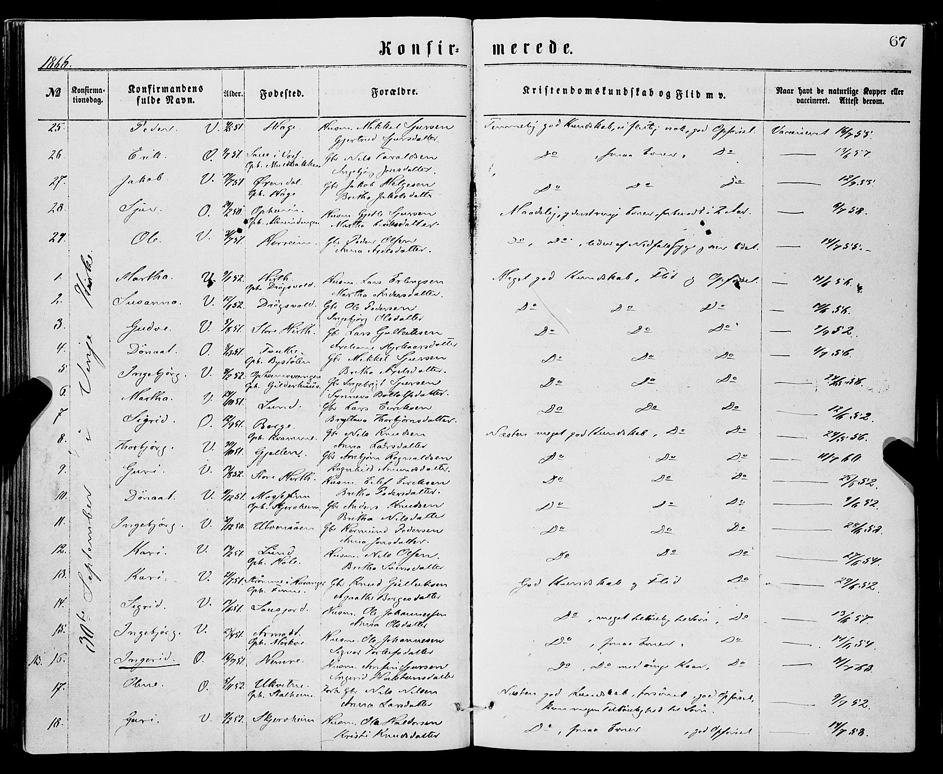 Vossestrand Sokneprestembete, AV/SAB-A-79101/H/Haa: Parish register (official) no. A 1, 1866-1877, p. 67