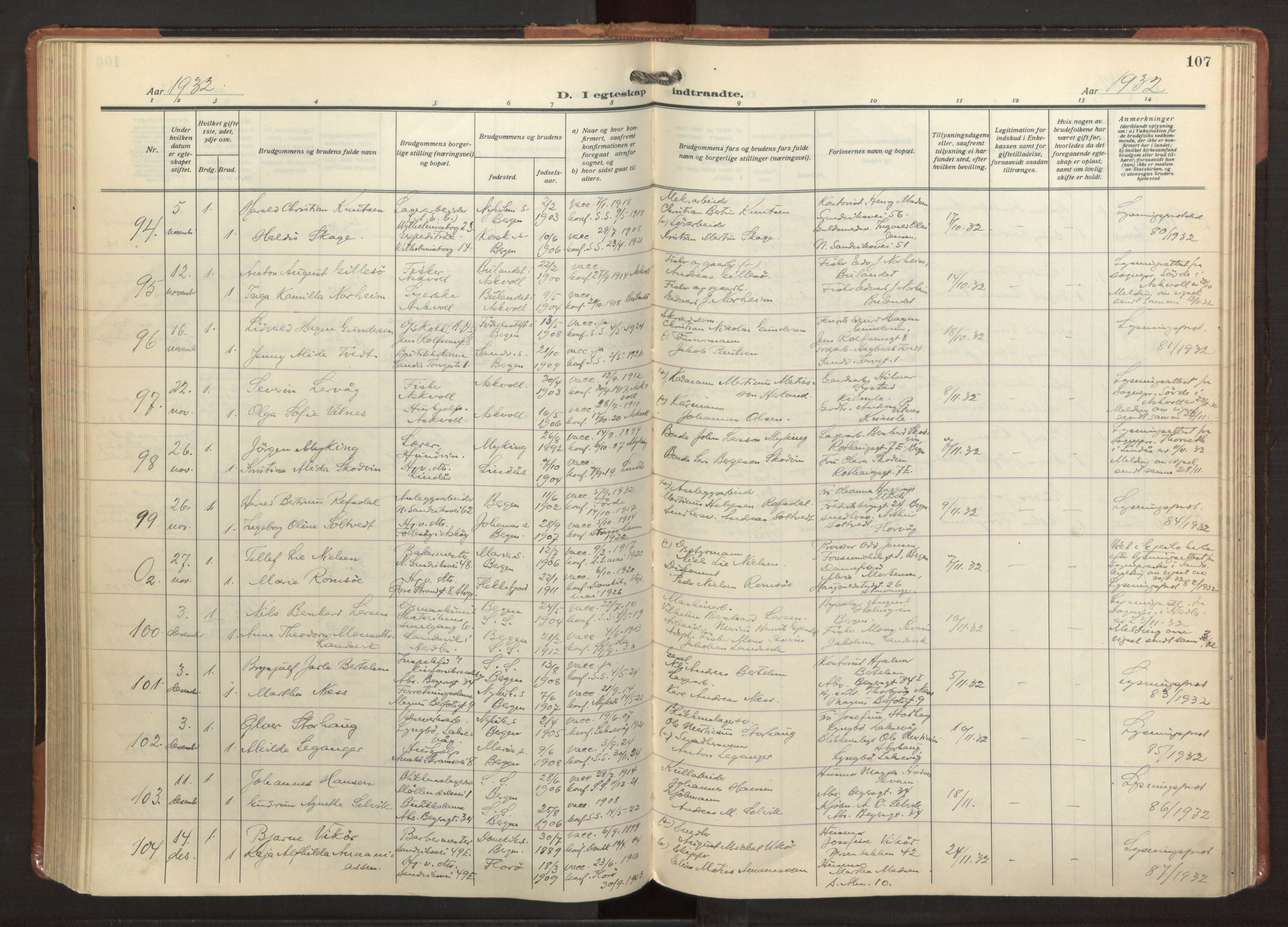 Sandviken Sokneprestembete, AV/SAB-A-77601/H/Ha/L0016: Parish register (official) no. D 3, 1923-1940, p. 107