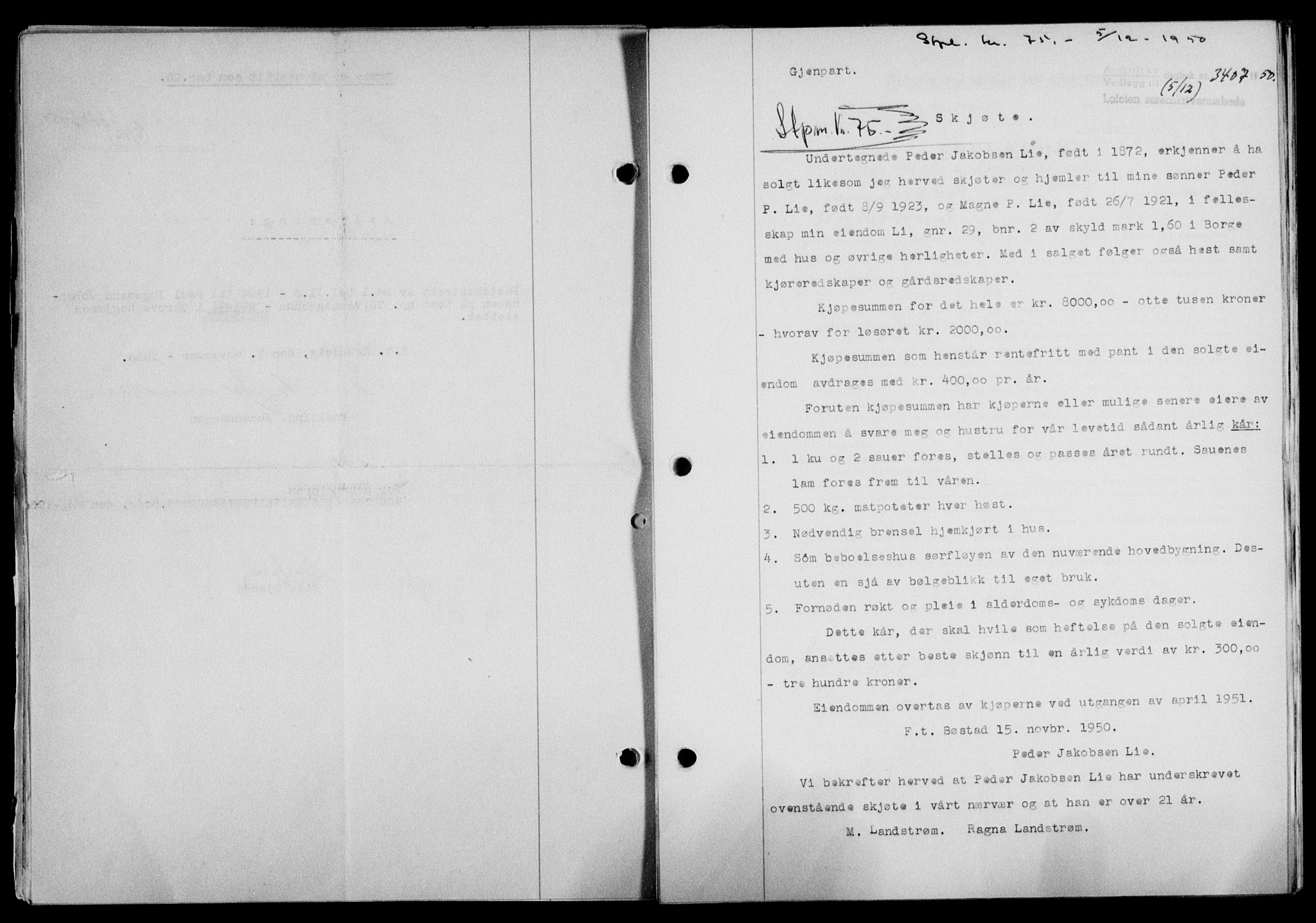 Lofoten sorenskriveri, SAT/A-0017/1/2/2C/L0025a: Mortgage book no. 25a, 1950-1951, Diary no: : 3407/1950