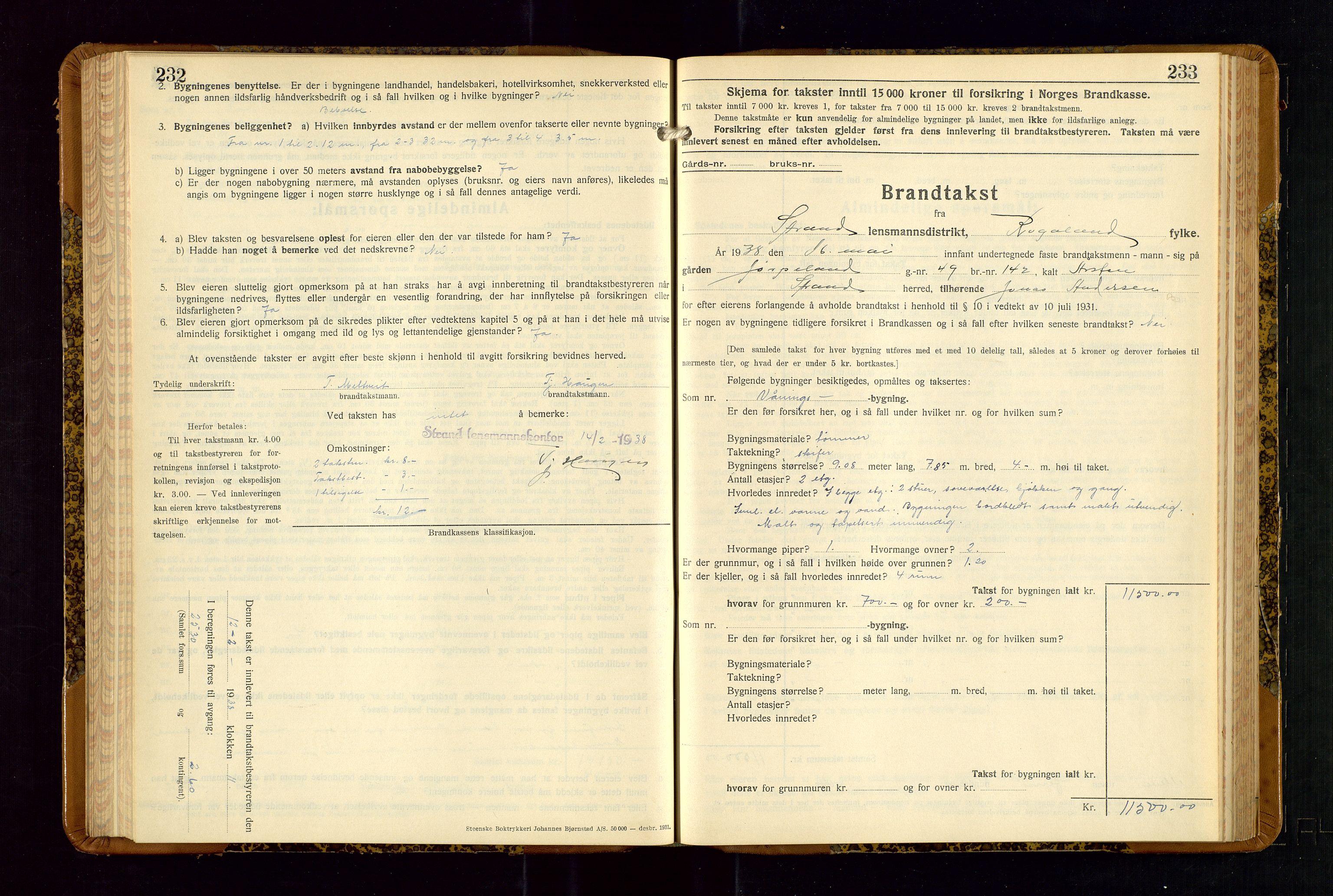 Strand og Forsand lensmannskontor, SAST/A-100451/Gob/L0001: Branntakstprotokoll, 1935-1942, p. 232-233