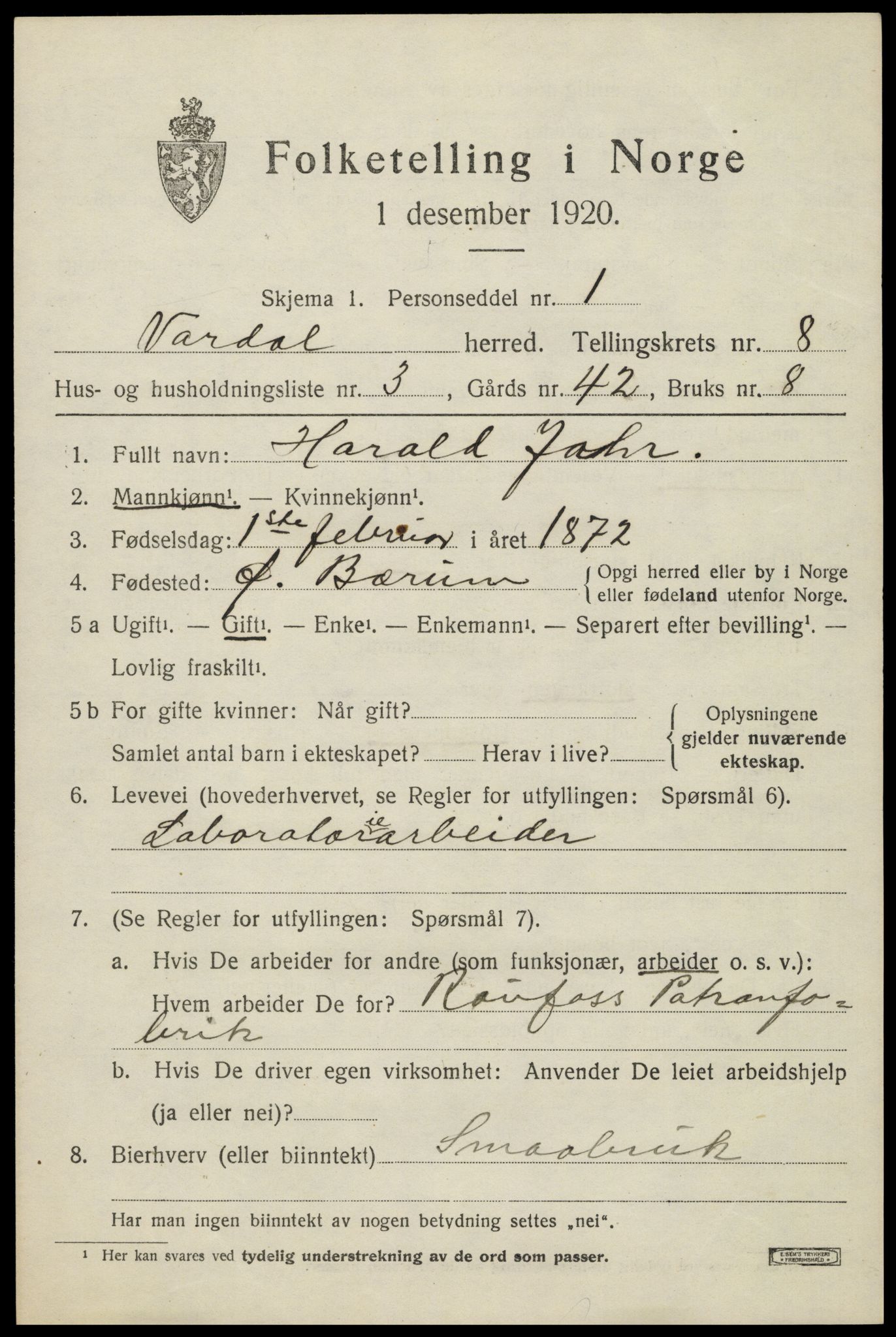 SAH, 1920 census for Vardal, 1920, p. 5737