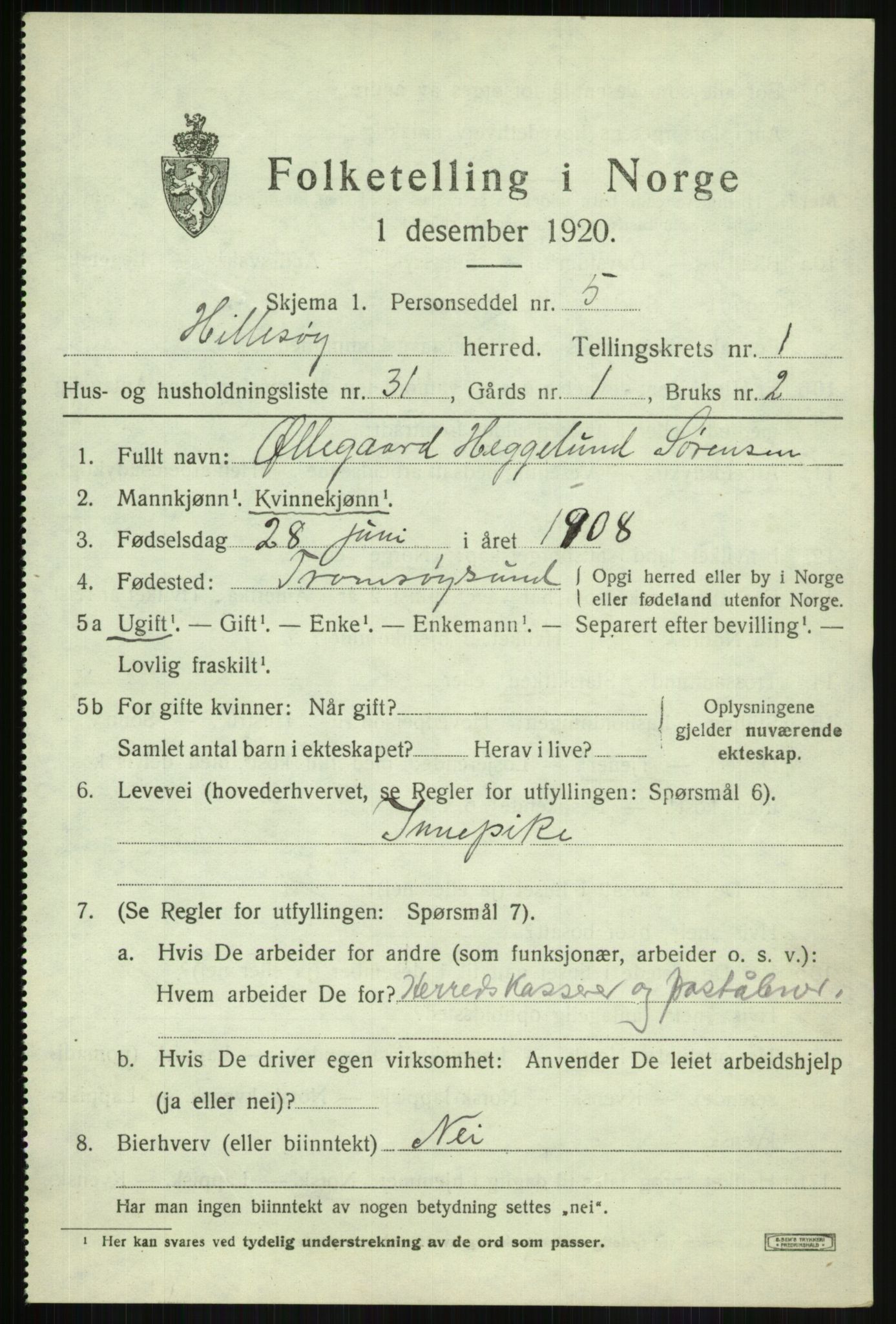 SATØ, 1920 census for Hillesøy, 1920, p. 1091