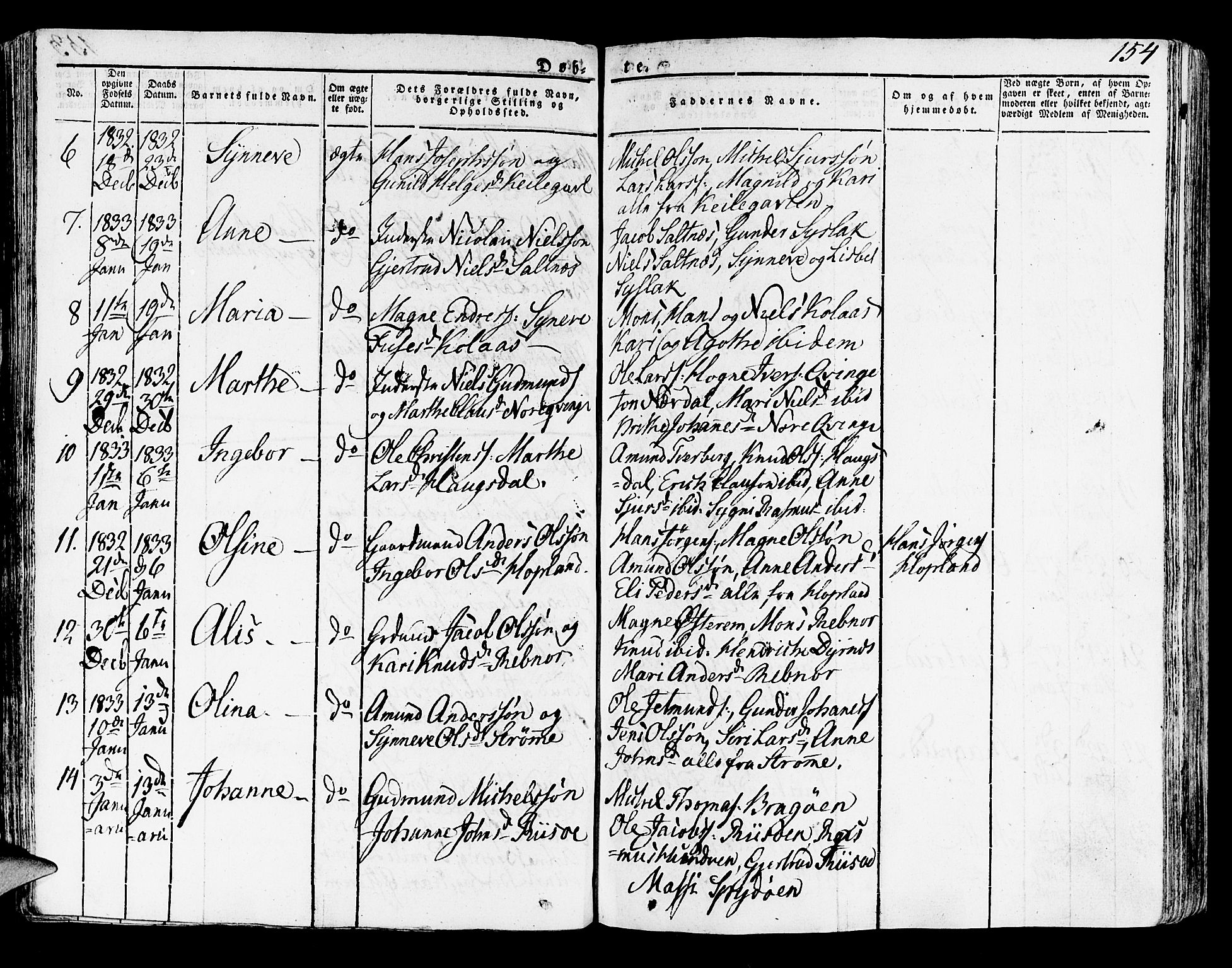 Lindås Sokneprestembete, SAB/A-76701/H/Haa: Parish register (official) no. A 8, 1823-1836, p. 154