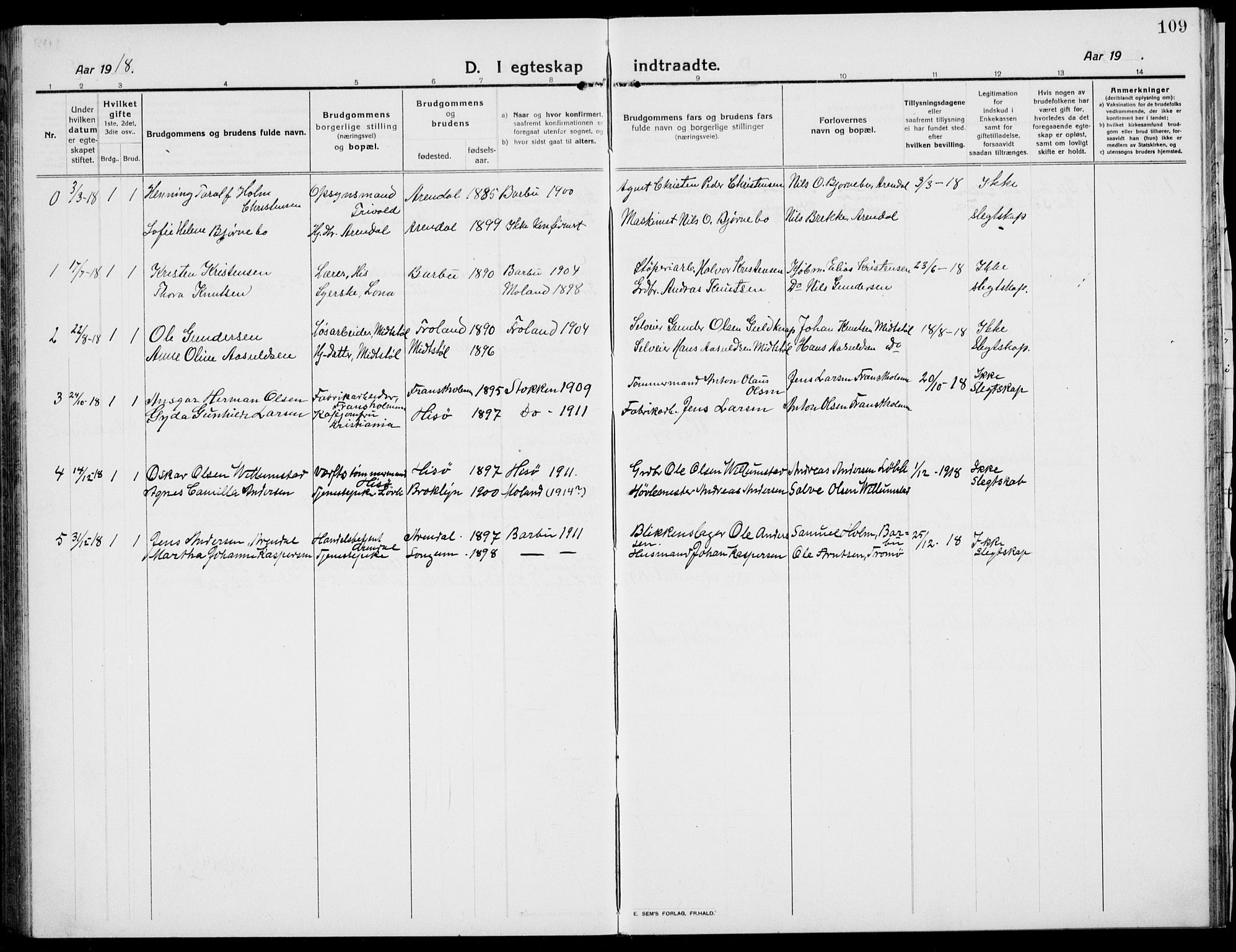 Austre Moland sokneprestkontor, SAK/1111-0001/F/Fb/Fba/L0005: Parish register (copy) no. B 4b, 1914-1935, p. 109