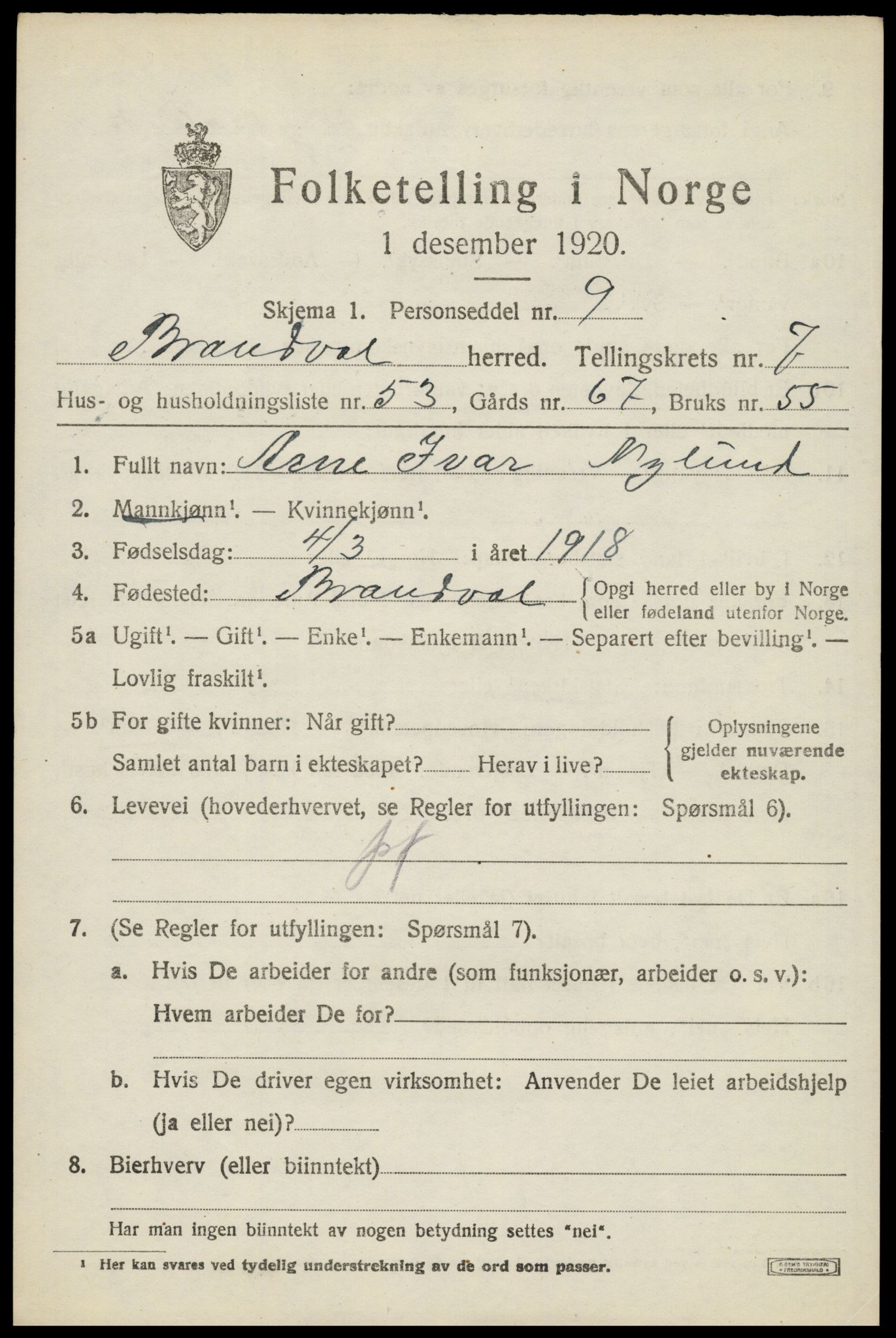 SAH, 1920 census for Brandval, 1920, p. 6412