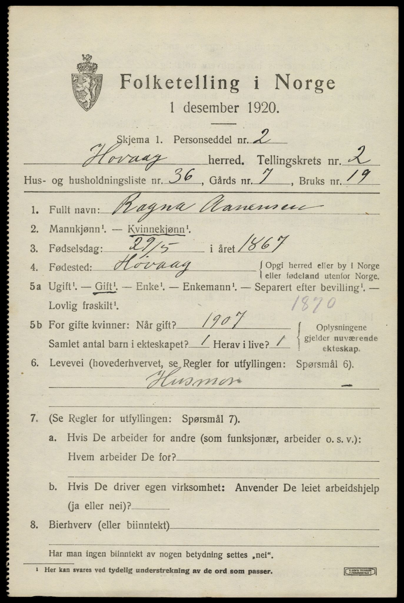 SAK, 1920 census for Høvåg, 1920, p. 1484