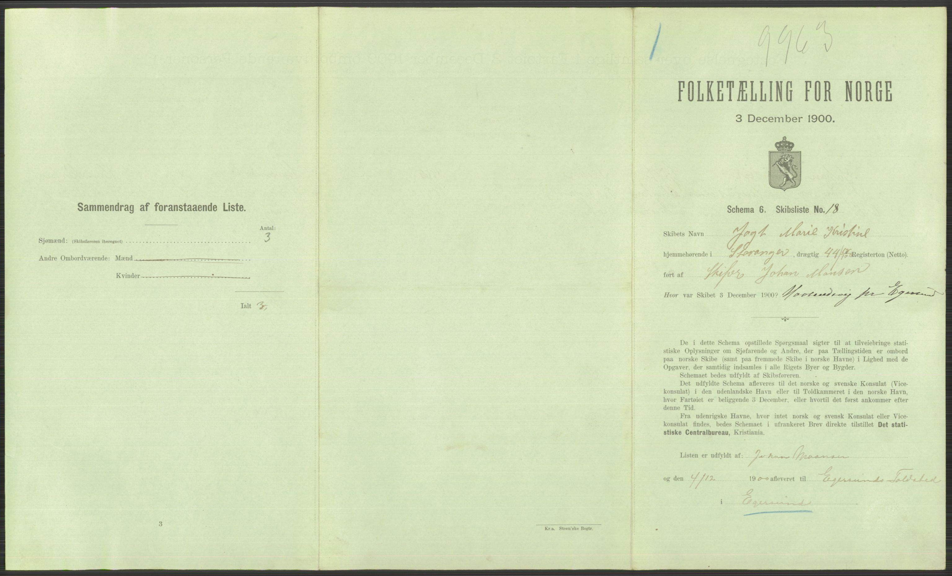 RA, 1900 Census - ship lists from ships in Norwegian harbours, harbours abroad and at sea, 1900, p. 869