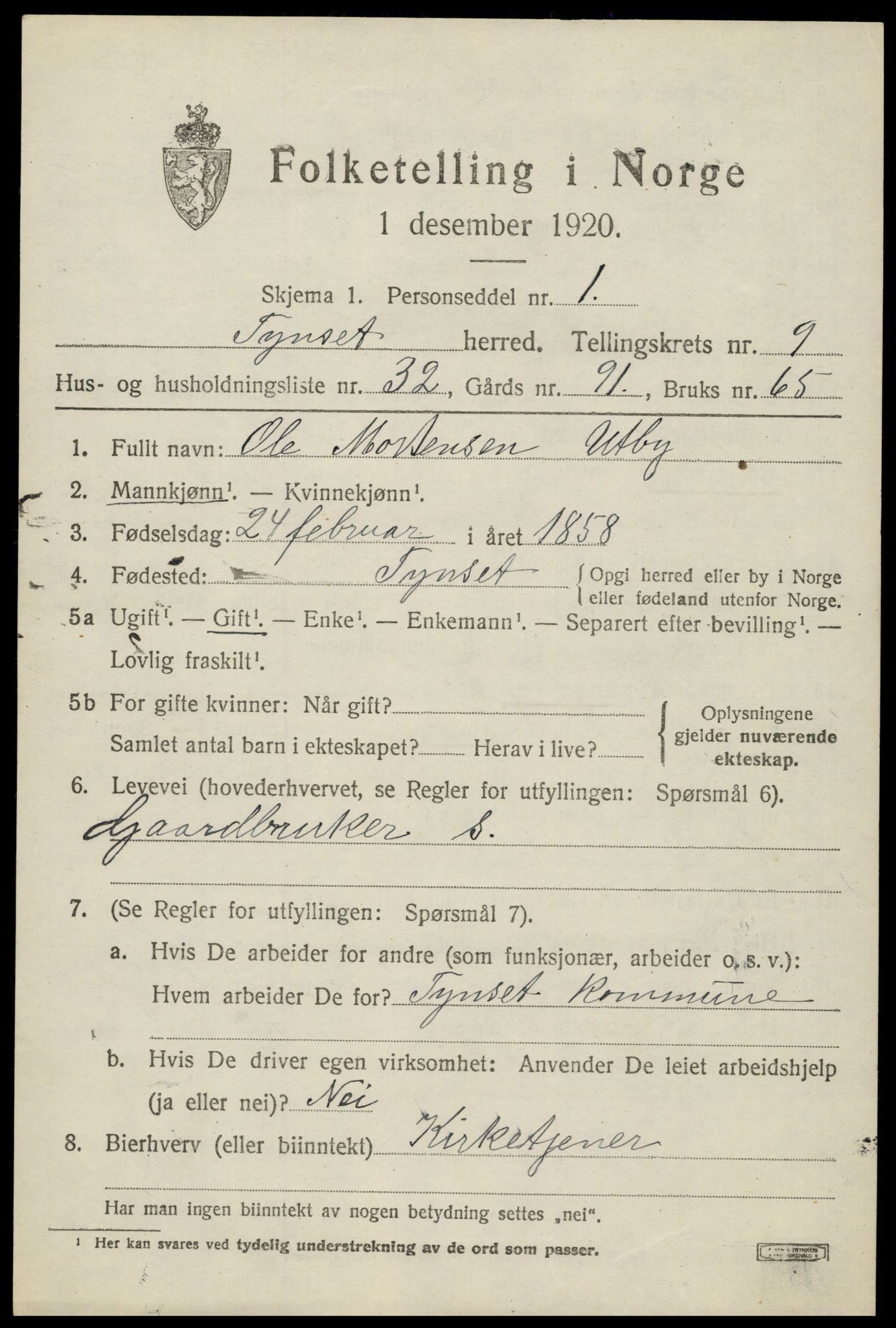 SAH, 1920 census for Tynset, 1920, p. 7516
