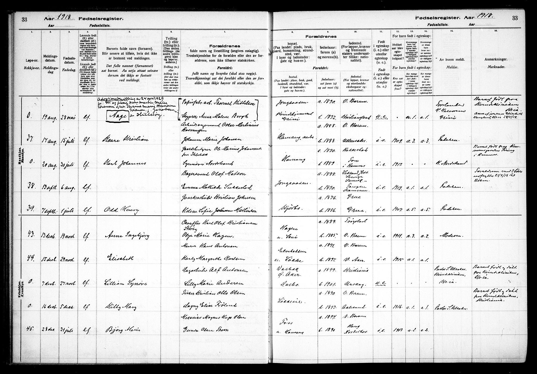 Vestre Bærum prestekontor Kirkebøker, AV/SAO-A-10209a/J/L0001: Birth register no. 1, 1916-1926, p. 33