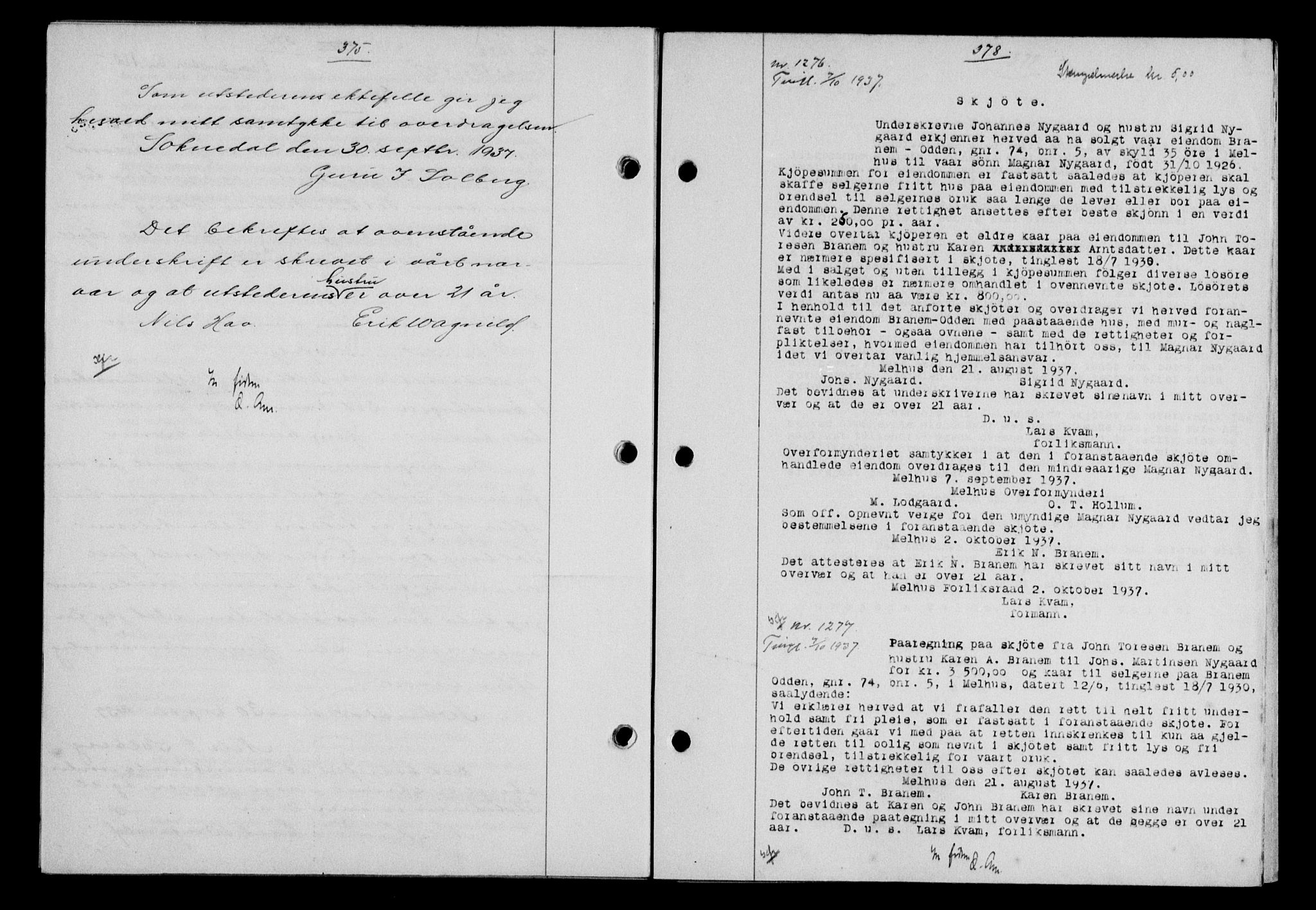Gauldal sorenskriveri, SAT/A-0014/1/2/2C/L0047: Mortgage book no. 50-51, 1937-1937, Diary no: : 1276/1937