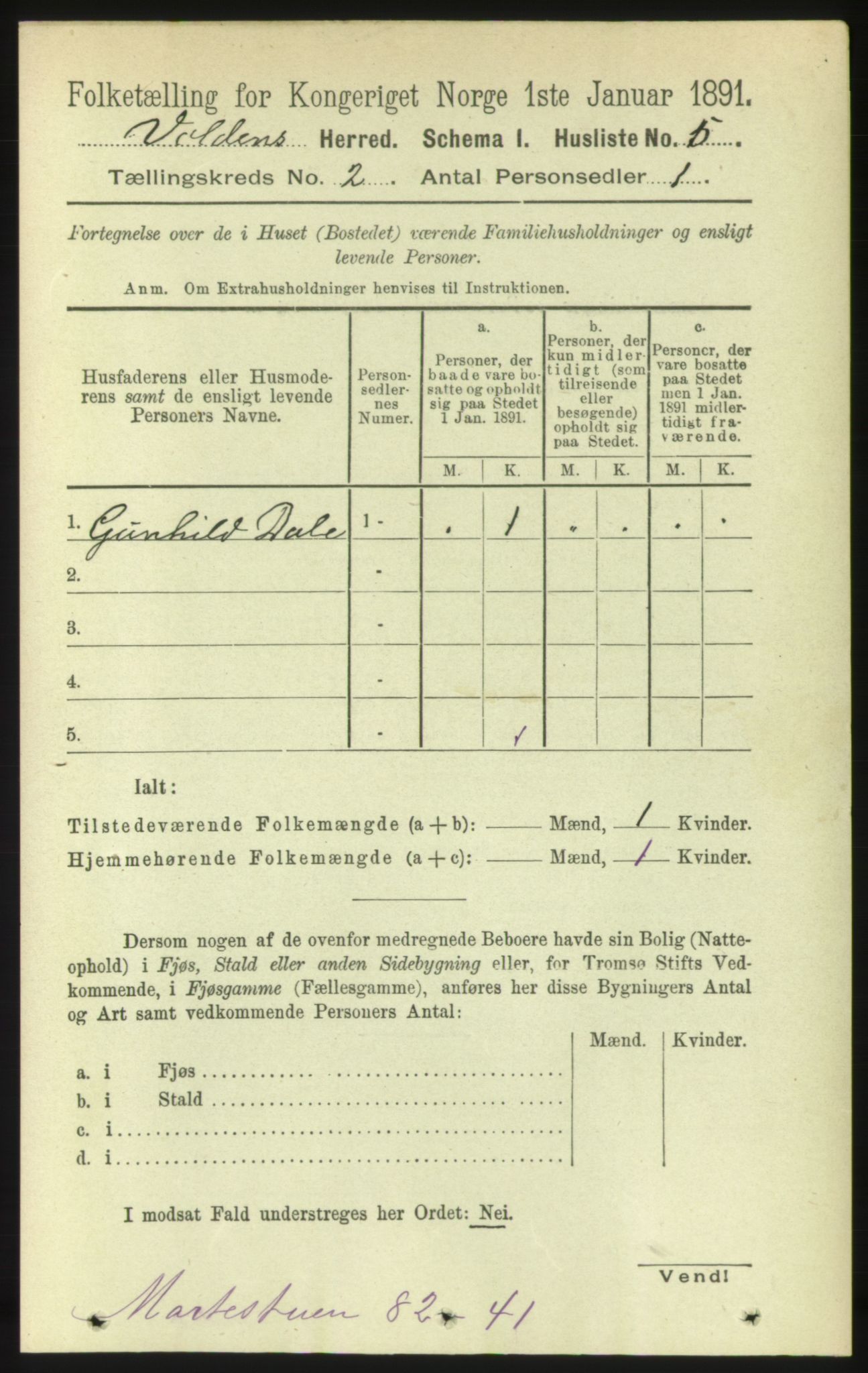 RA, 1891 census for 1519 Volda, 1891, p. 605