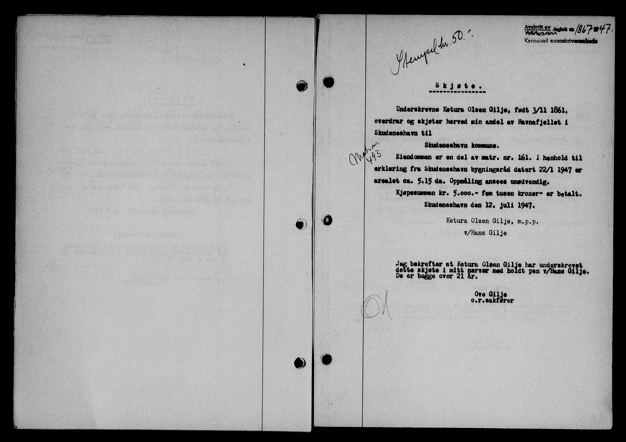 Karmsund sorenskriveri, SAST/A-100311/01/II/IIB/L0090: Mortgage book no. 70A, 1947-1947, Diary no: : 1867/1947
