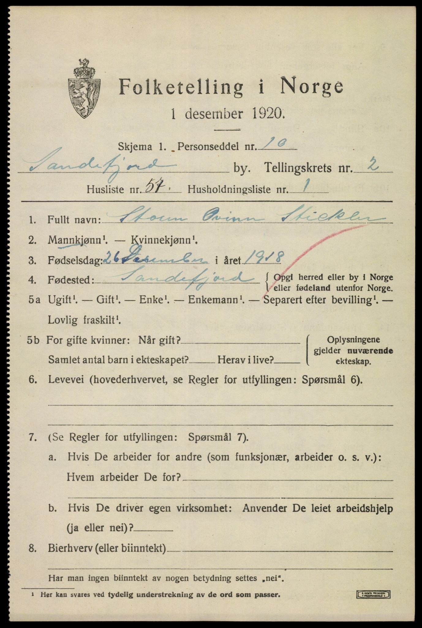 SAKO, 1920 census for Sandefjord, 1920, p. 6542