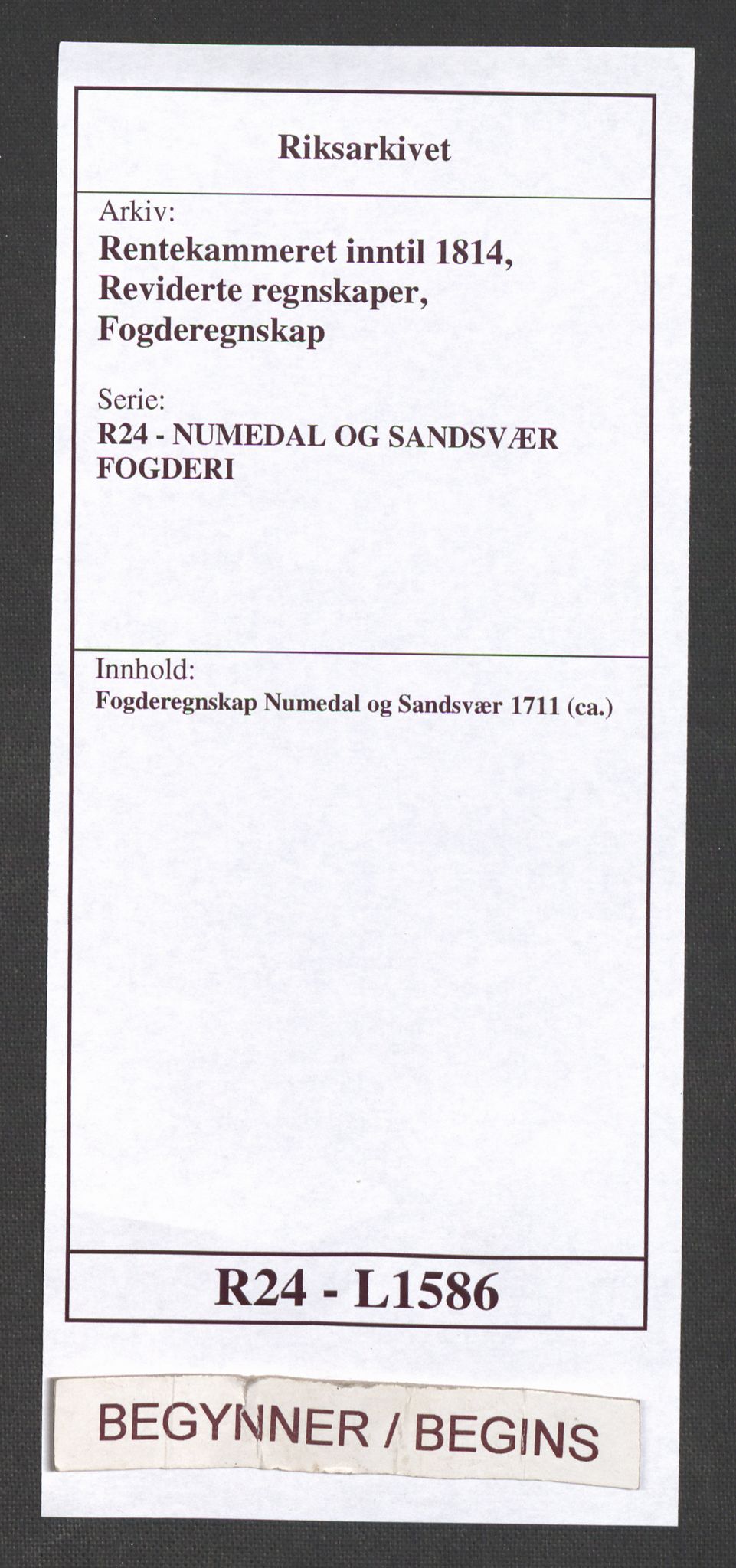 Rentekammeret inntil 1814, Reviderte regnskaper, Fogderegnskap, AV/RA-EA-4092/R24/L1586: Fogderegnskap Numedal og Sandsvær, 1711, p. 1