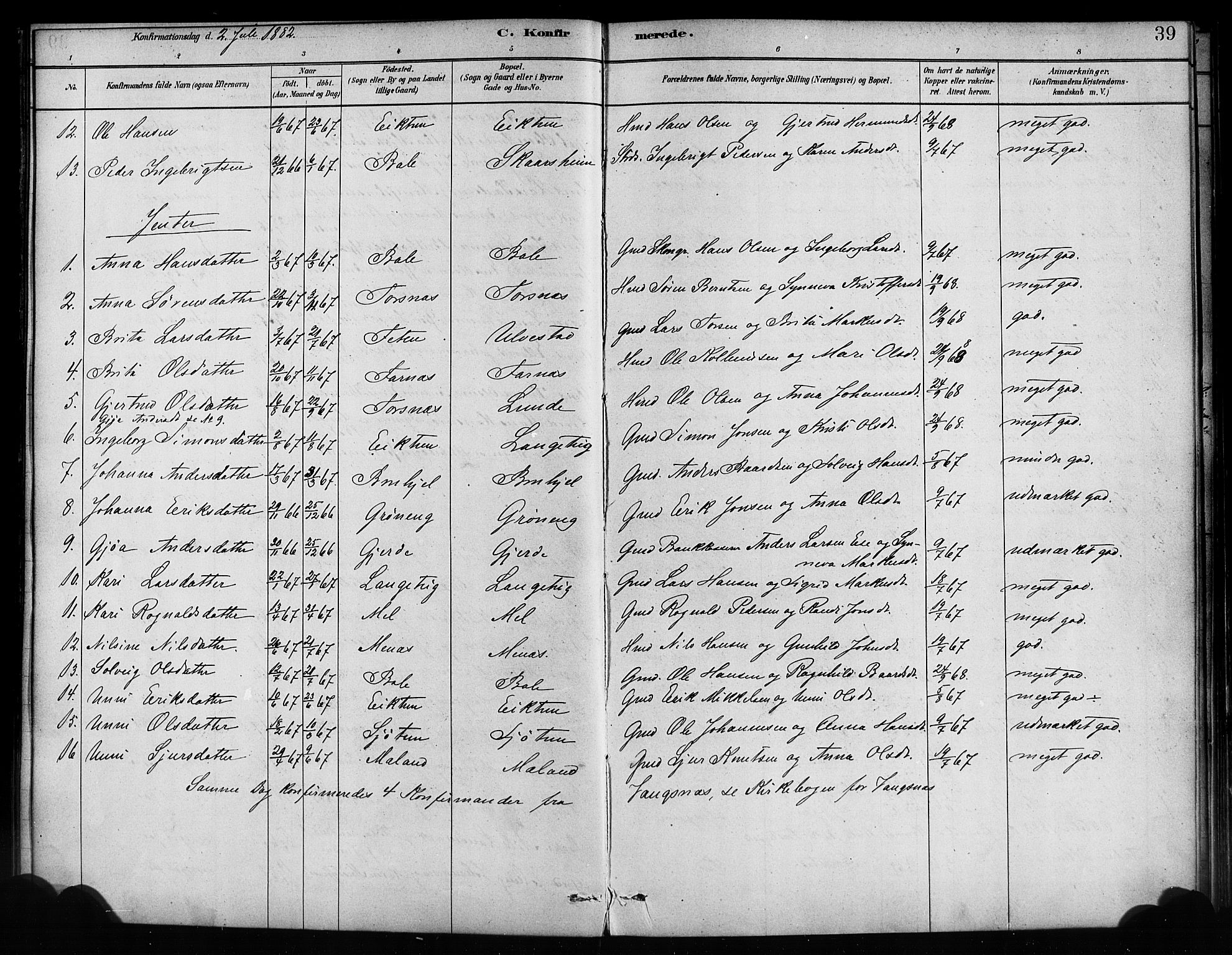Balestrand sokneprestembete, SAB/A-79601/H/Haa/Haaa/L0004: Parish register (official) no. A 4 /1, 1879-1888, p. 39