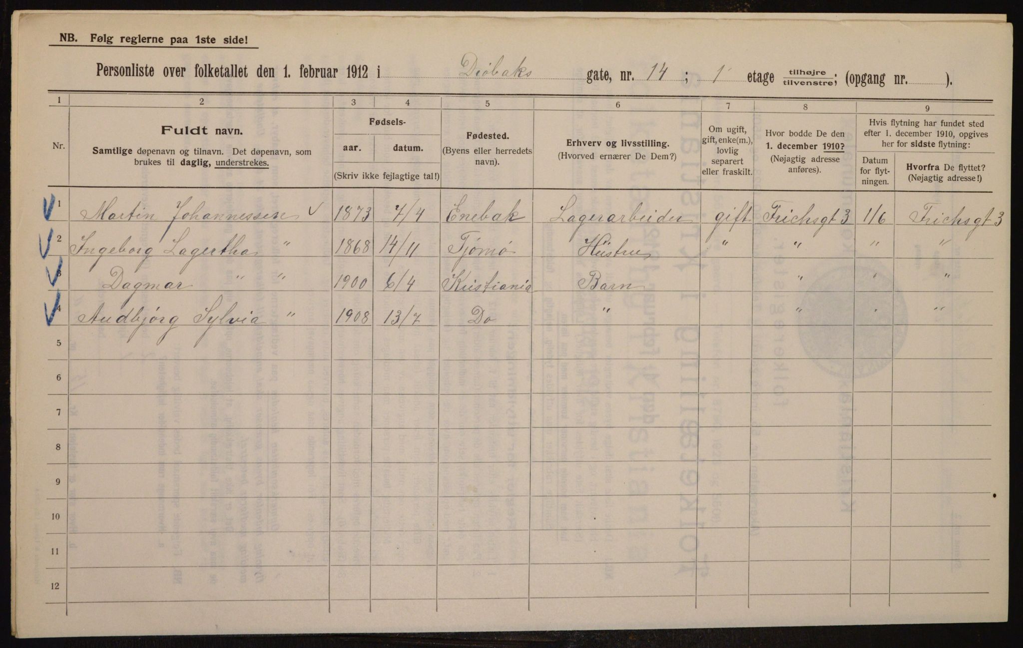 OBA, Municipal Census 1912 for Kristiania, 1912, p. 17354