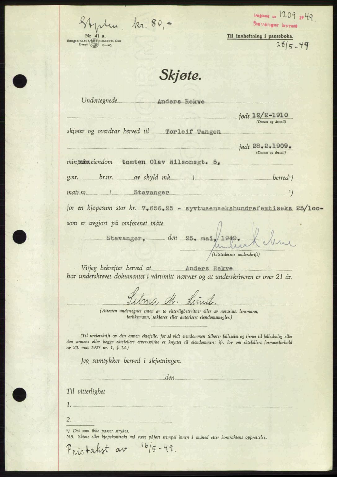 Stavanger byrett, SAST/A-100455/002/G/Gb/L0023: Mortgage book no. A12, 1948-1949, Diary no: : 1209/1949