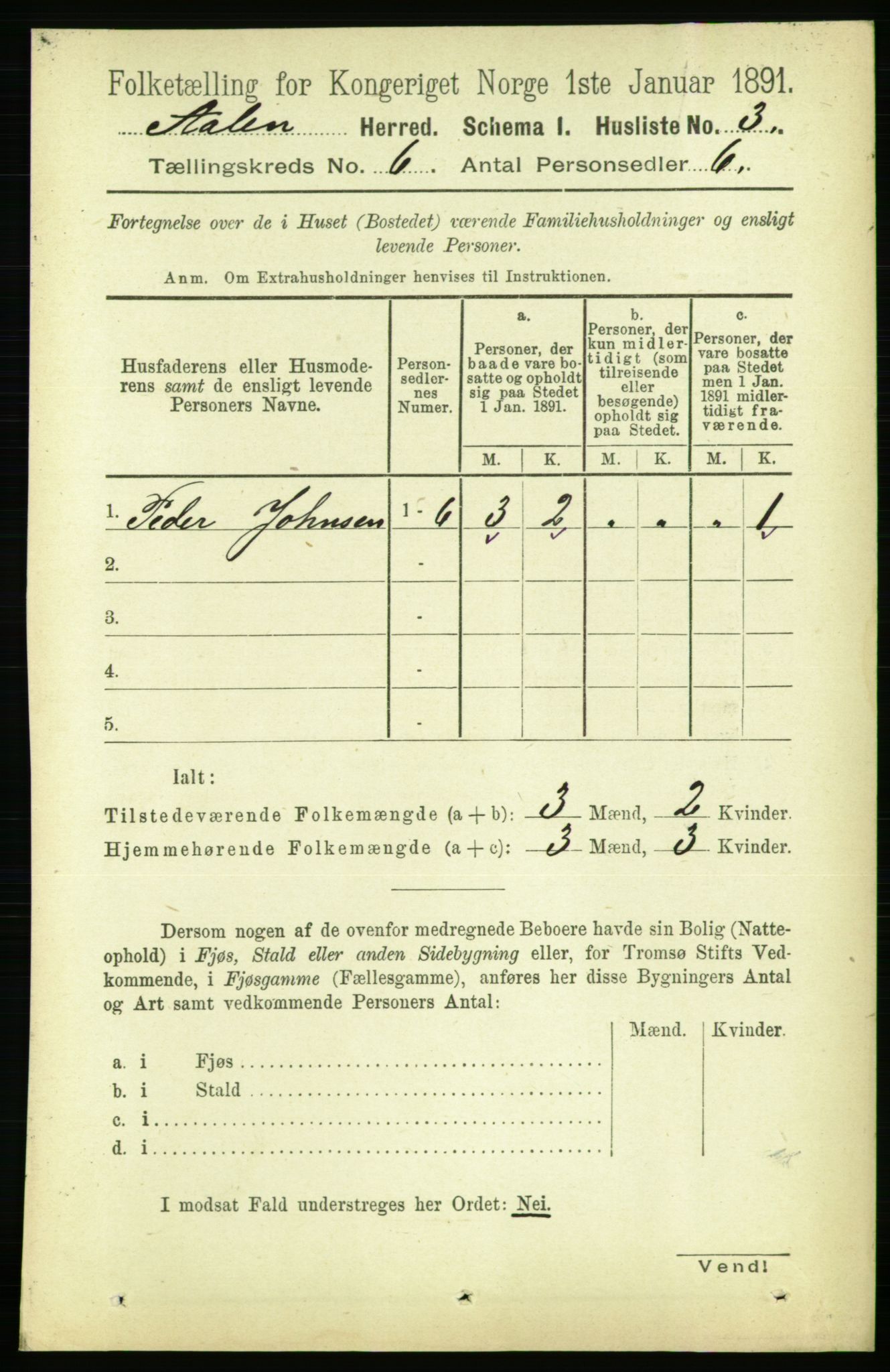 RA, 1891 census for 1644 Ålen, 1891, p. 1885