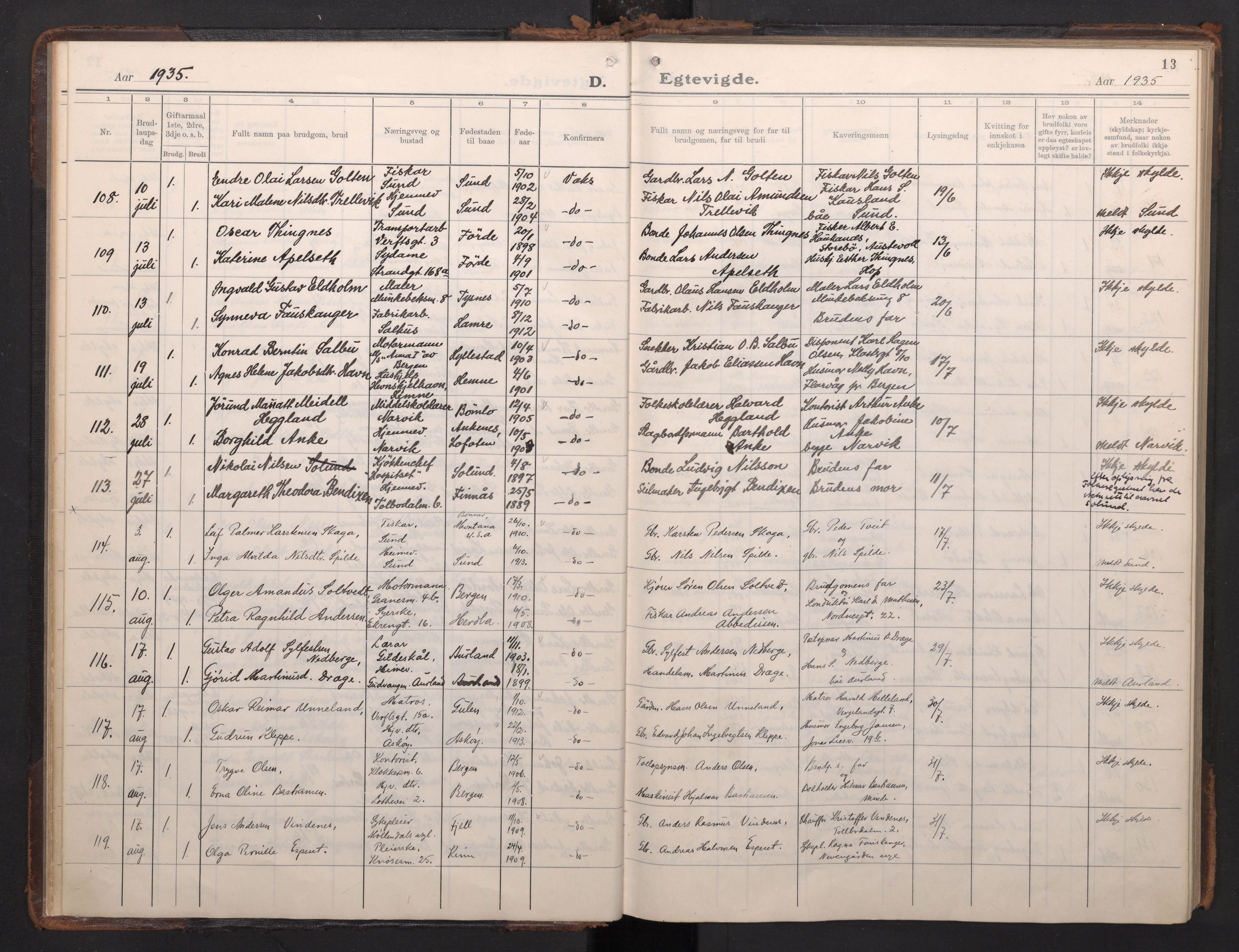 Nykirken Sokneprestembete, AV/SAB-A-77101/H/Haa/L0039: Parish register (official) no. D 9, 1935-1946, p. 12b-13a