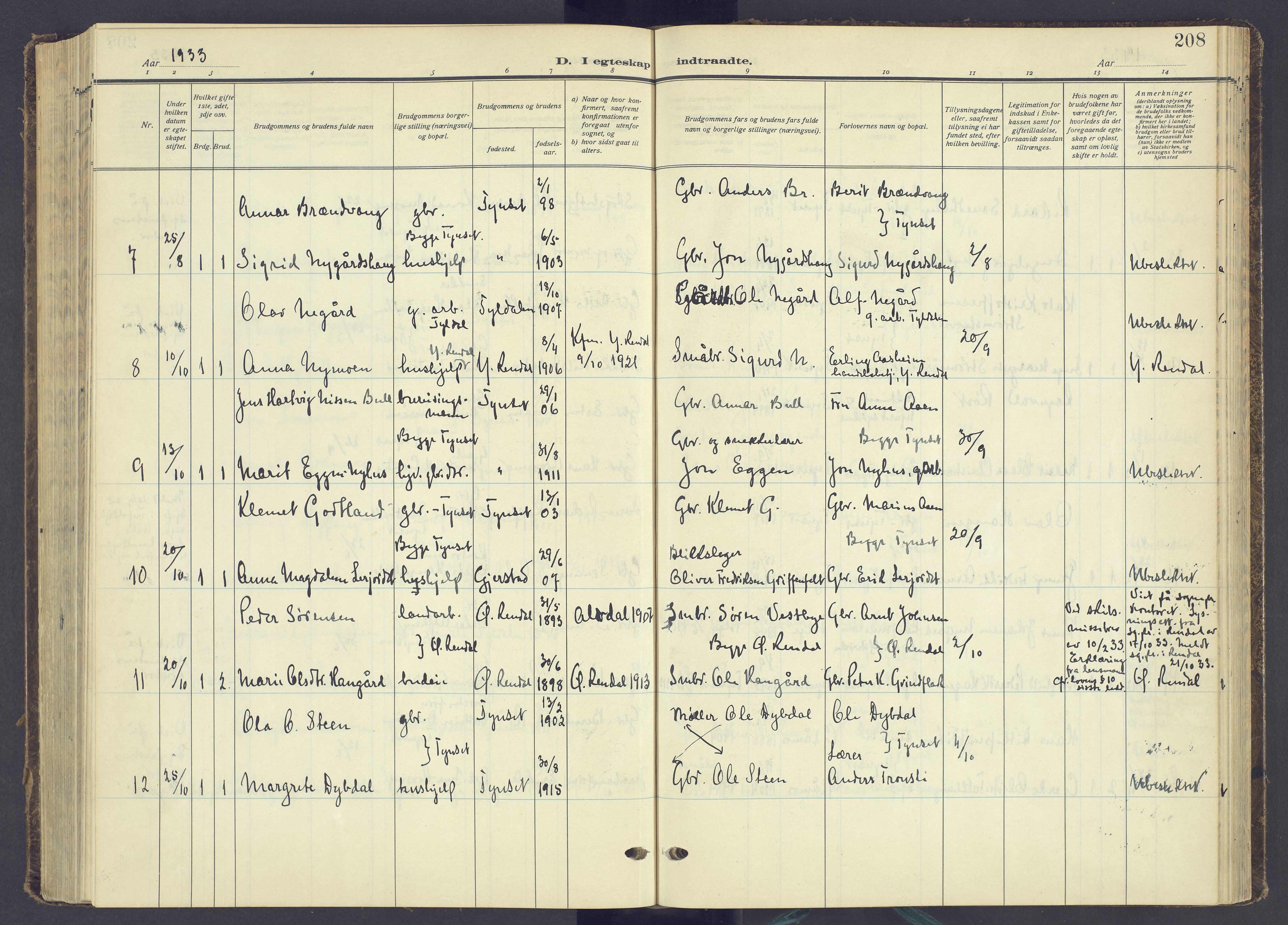 Tynset prestekontor, AV/SAH-PREST-058/H/Ha/Haa/L0027: Parish register (official) no. 27, 1930-1944, p. 208