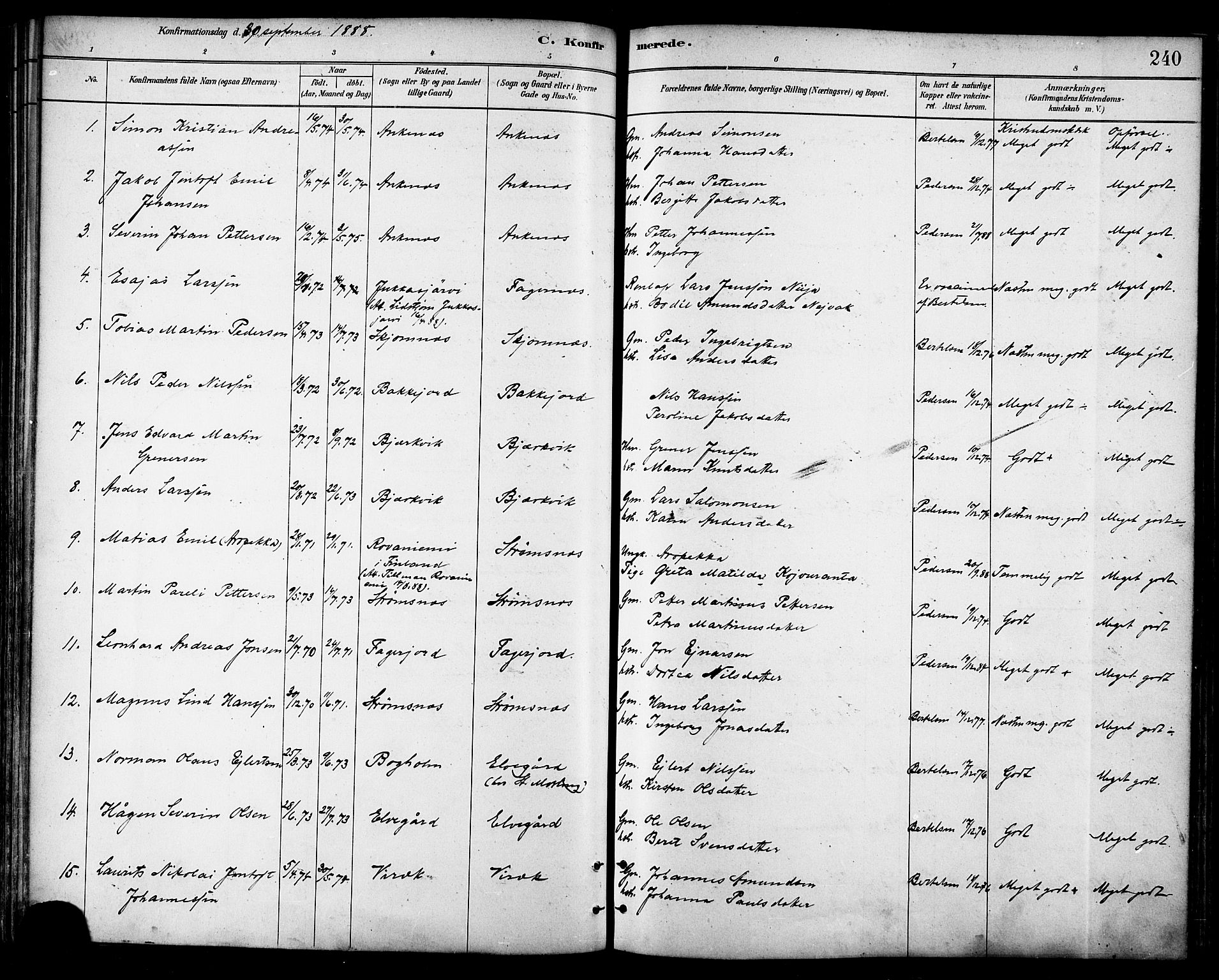 Ministerialprotokoller, klokkerbøker og fødselsregistre - Nordland, AV/SAT-A-1459/866/L0938: Parish register (official) no. 866A01, 1879-1893, p. 240