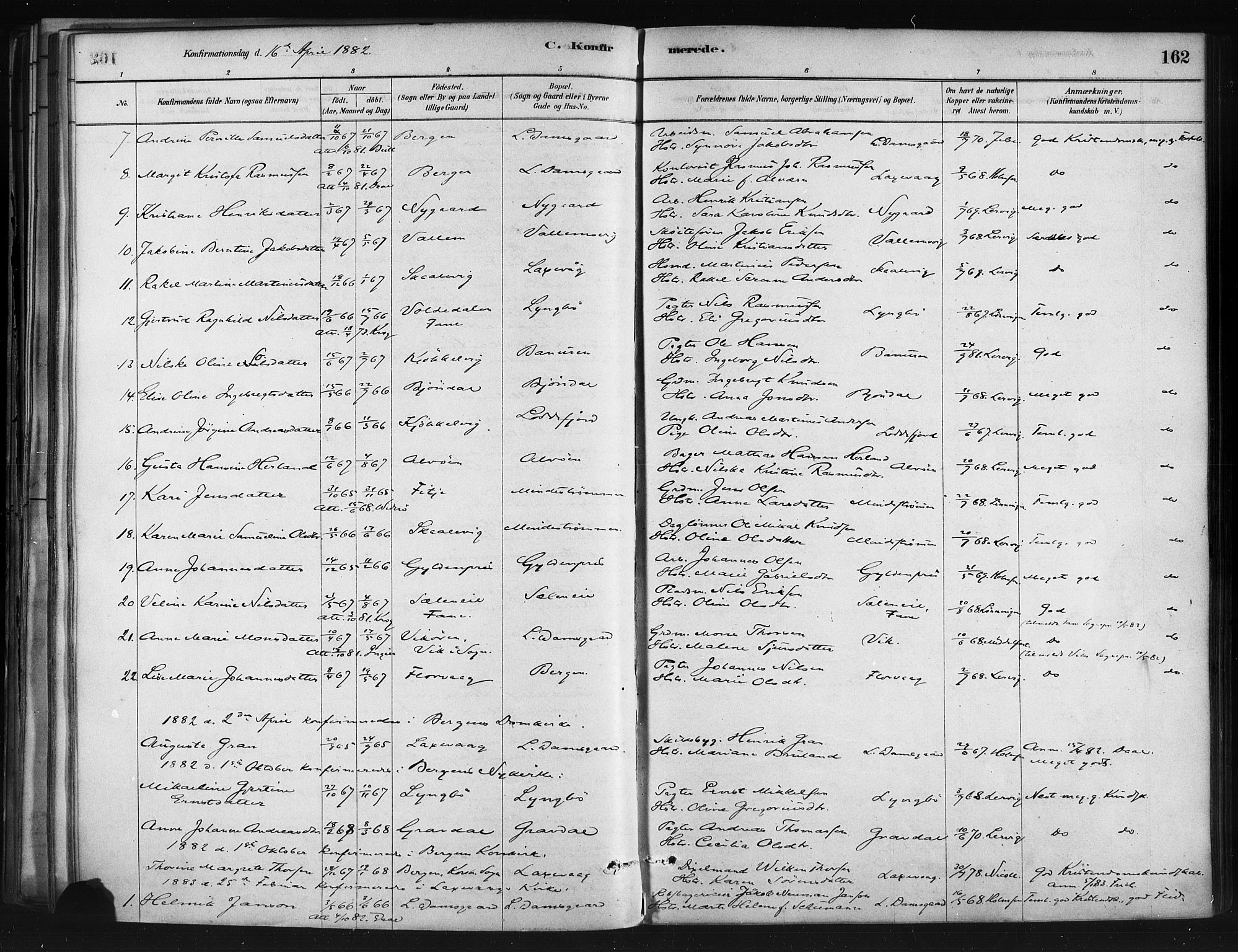 Askøy Sokneprestembete, AV/SAB-A-74101/H/Ha/Haa/Haae/L0002: Parish register (official) no. E 2, 1878-1891, p. 162