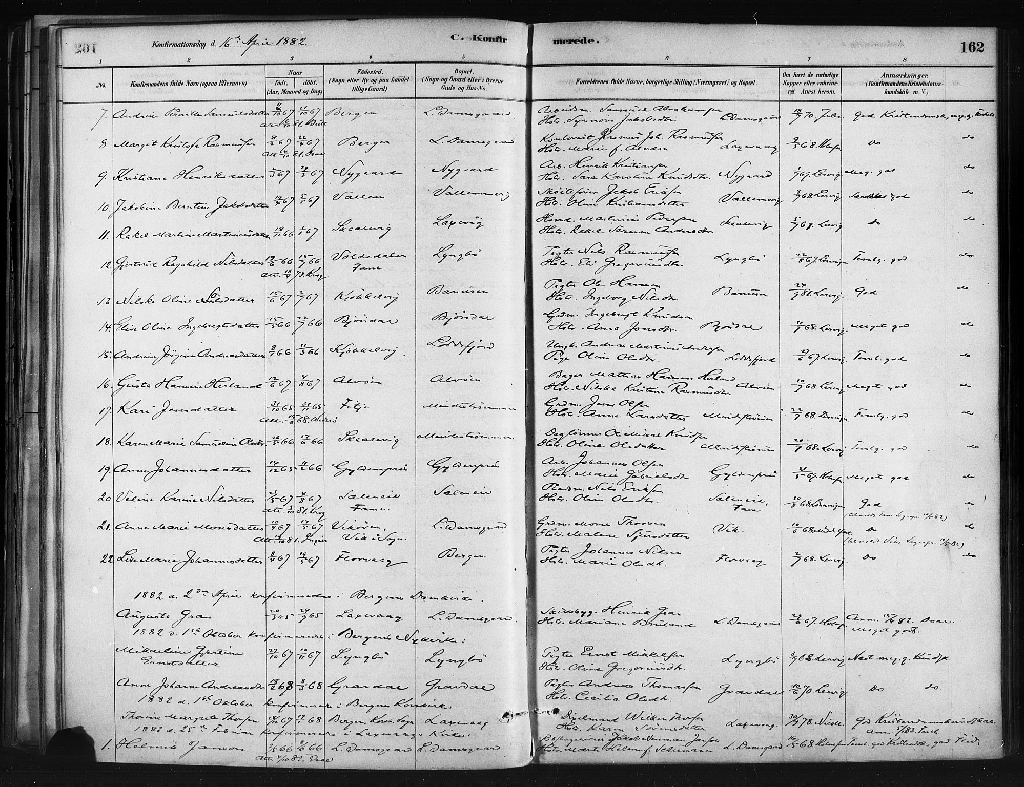 Askøy Sokneprestembete, SAB/A-74101/H/Ha/Haa/Haae/L0002: Parish register (official) no. E 2, 1878-1891, p. 162