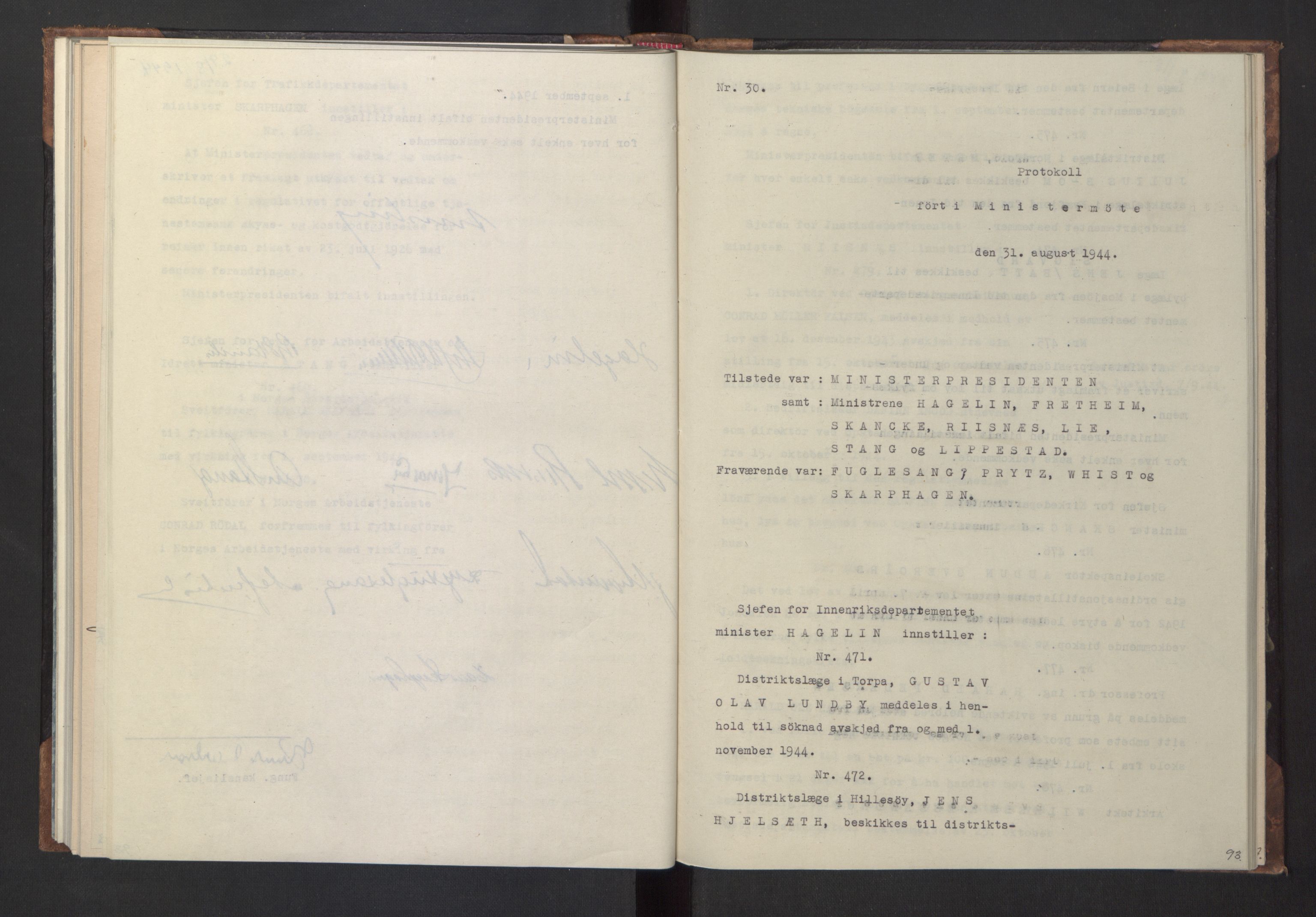 NS-administrasjonen 1940-1945 (Statsrådsekretariatet, de kommisariske statsråder mm), RA/S-4279/D/Da/L0005: Protokoll fra ministermøter, 1944, p. 95