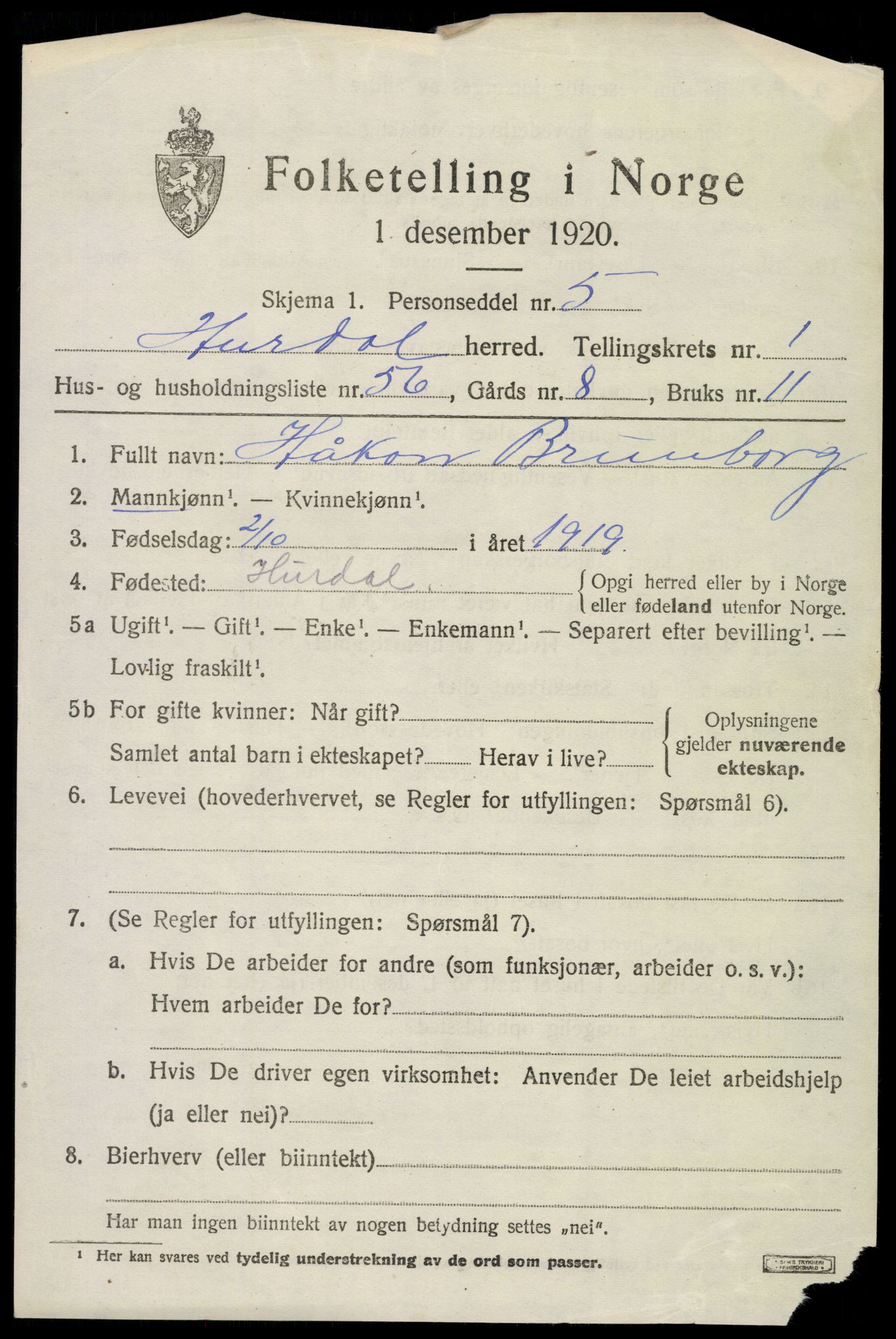 SAO, 1920 census for Hurdal, 1920, p. 1284