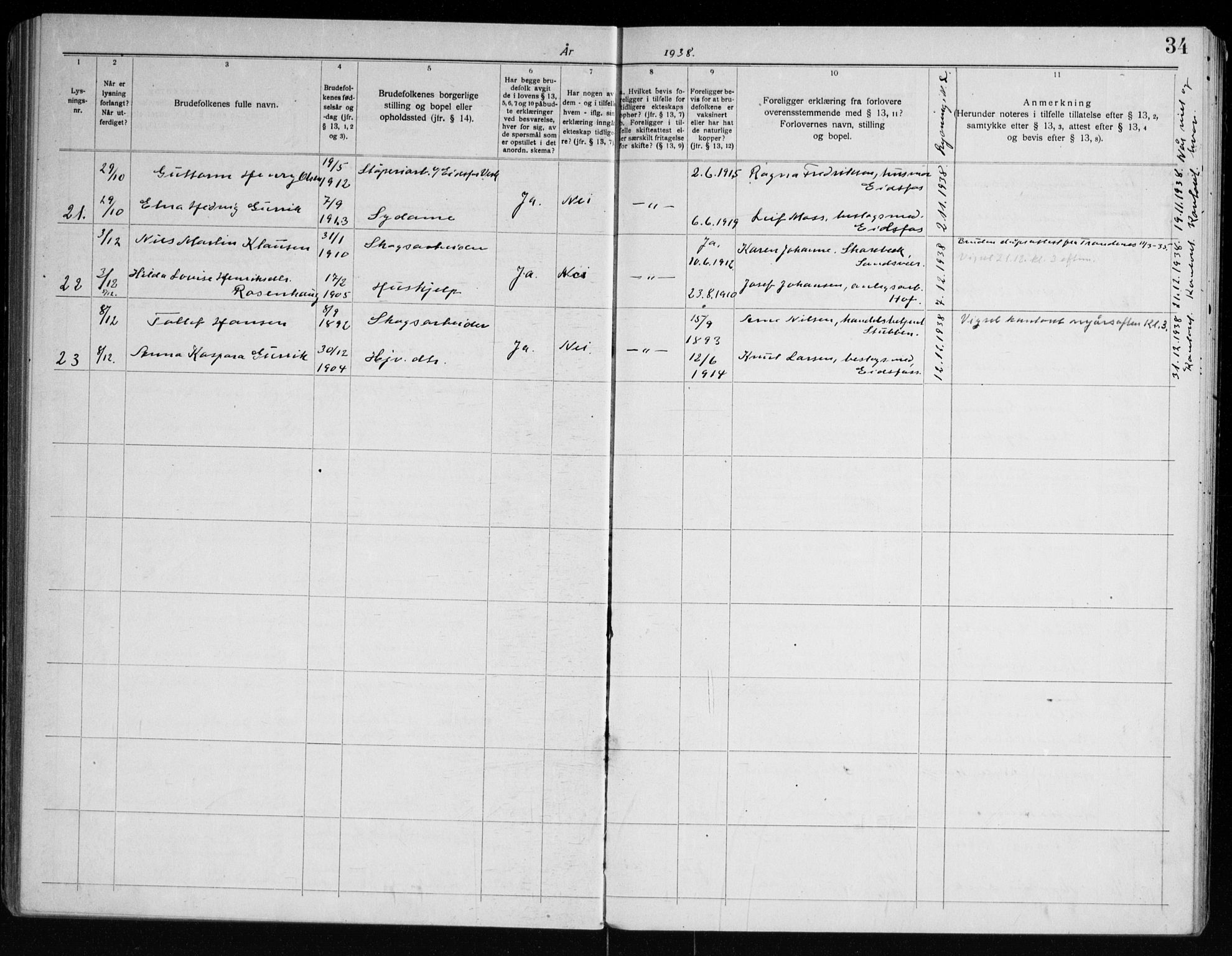 Hof kirkebøker, AV/SAKO-A-64/H/Ha/L0001: Banns register no. 1, 1919-1957, p. 34